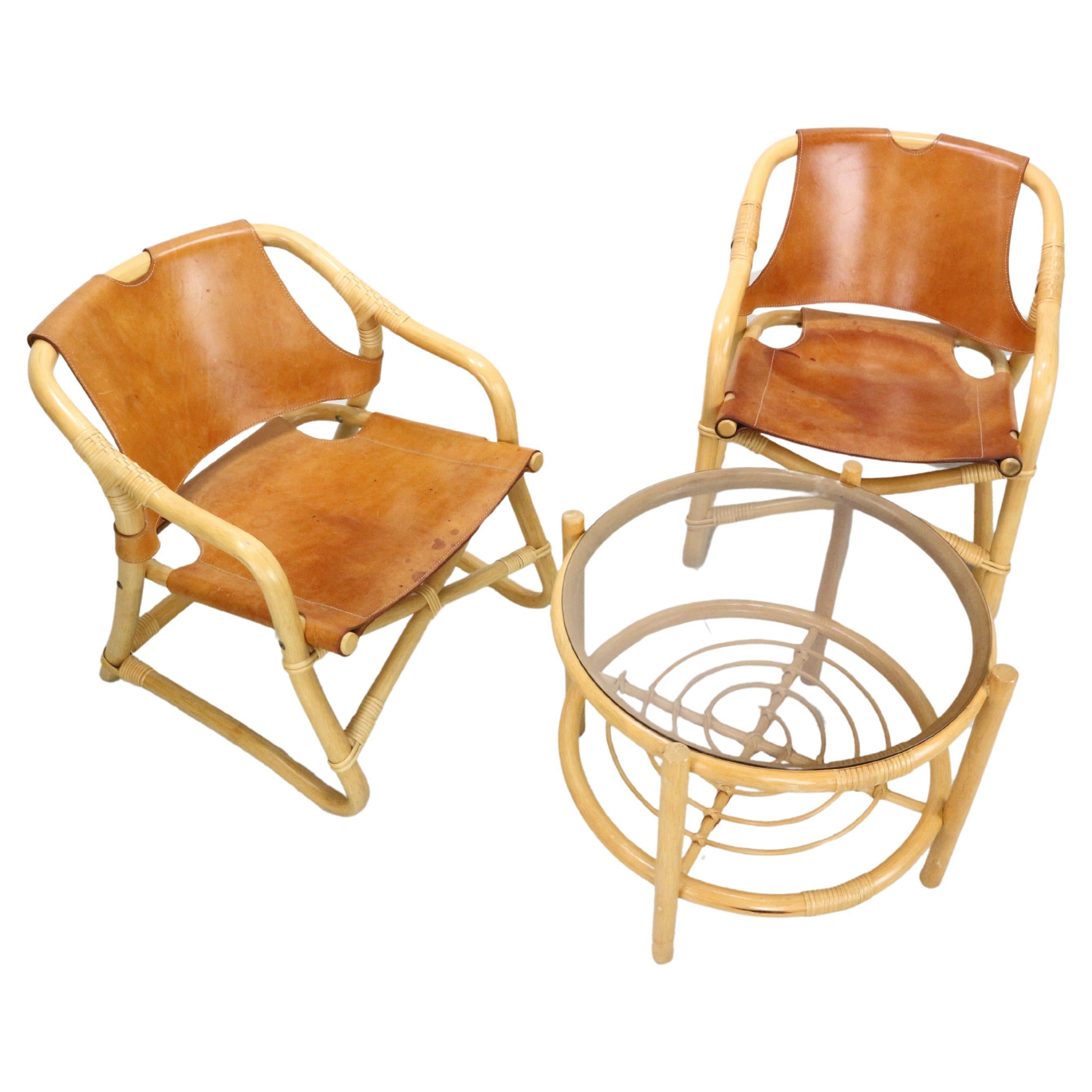 Danish Modern "Manilla" Lounge Chairs + table, Bamboo and Saddle Leather, 1960's For Sale