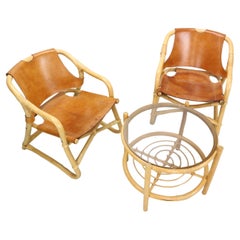 Vintage Danish Modern "Manilla" Lounge Chairs + table, Bamboo and Saddle Leather, 1960's