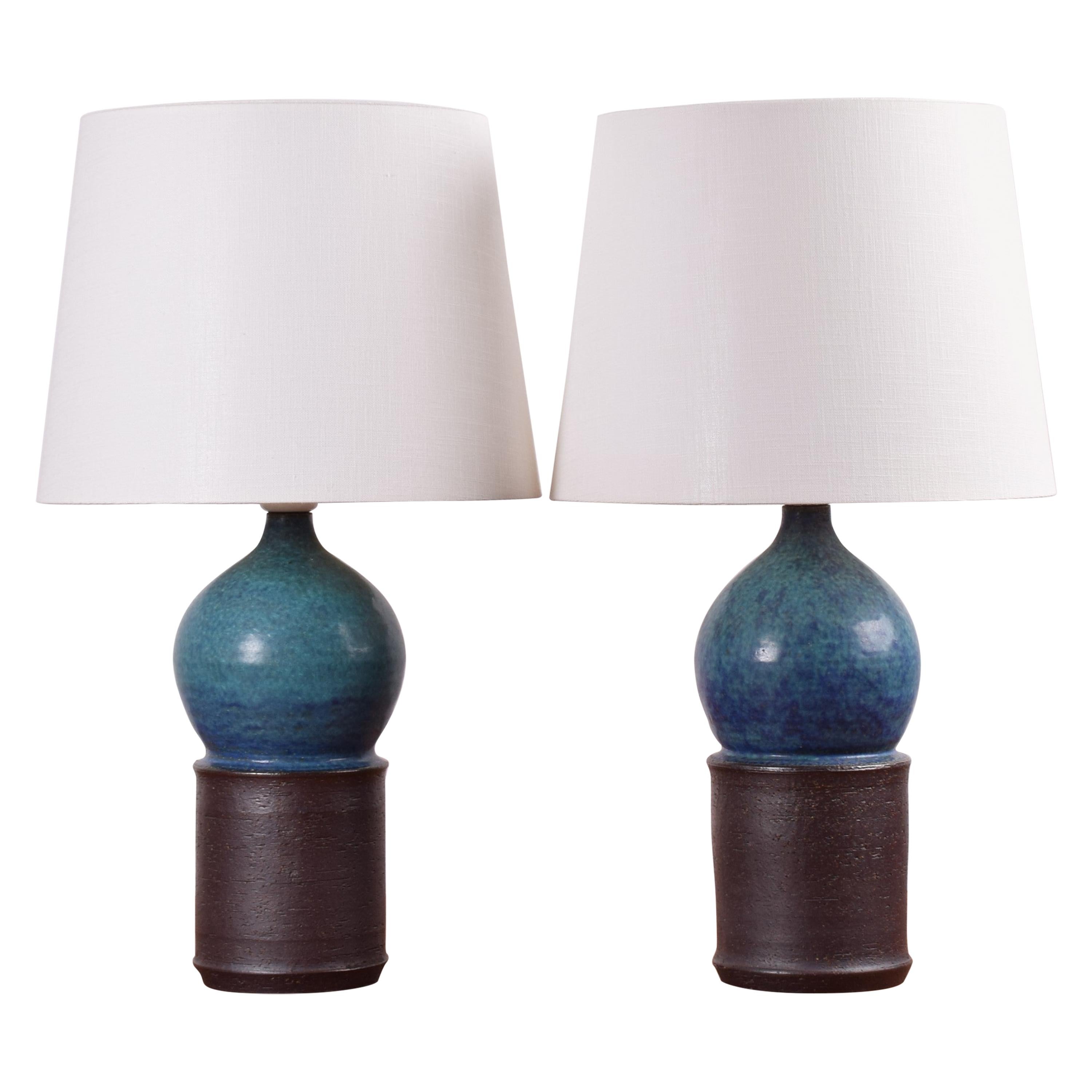 Danish Modern Marianne Starck Pair of Sculptural Turquoise and Brown Table Lamps