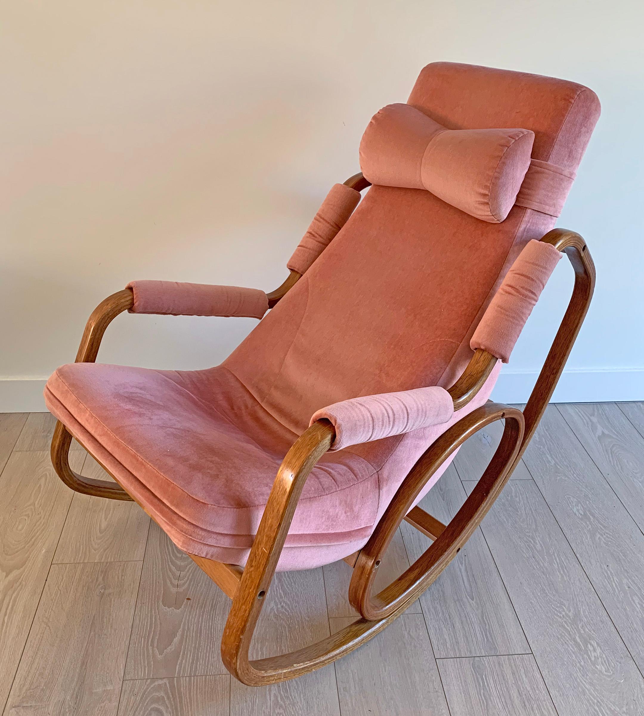 Mid-Century Modern Danish Modern Midcentury Bentwood Rocking Chair in Pink Velvet