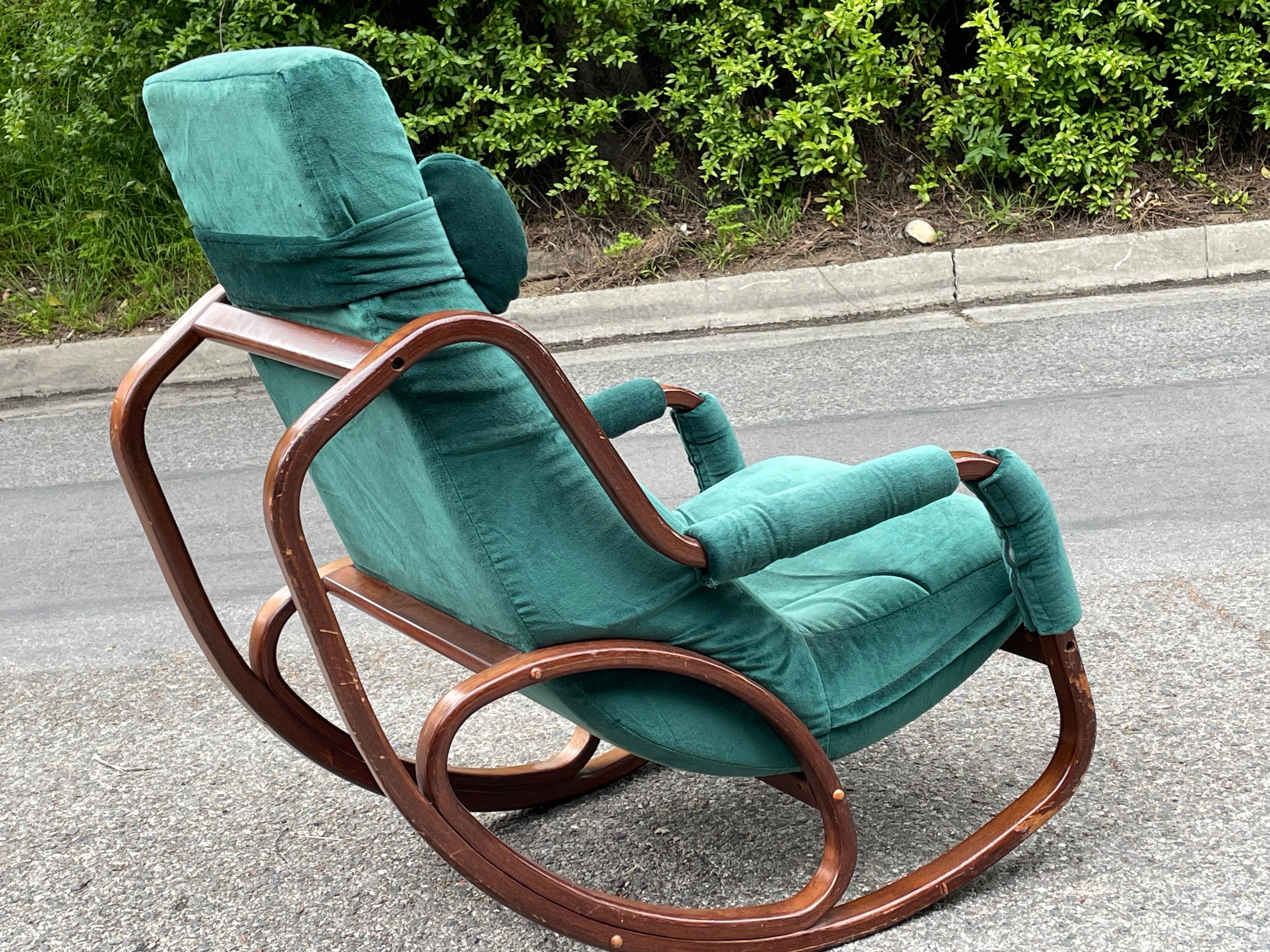 Danish Modern Midcentury Bentwood Rocking Chair & Ottoman in Green Velvet 5
