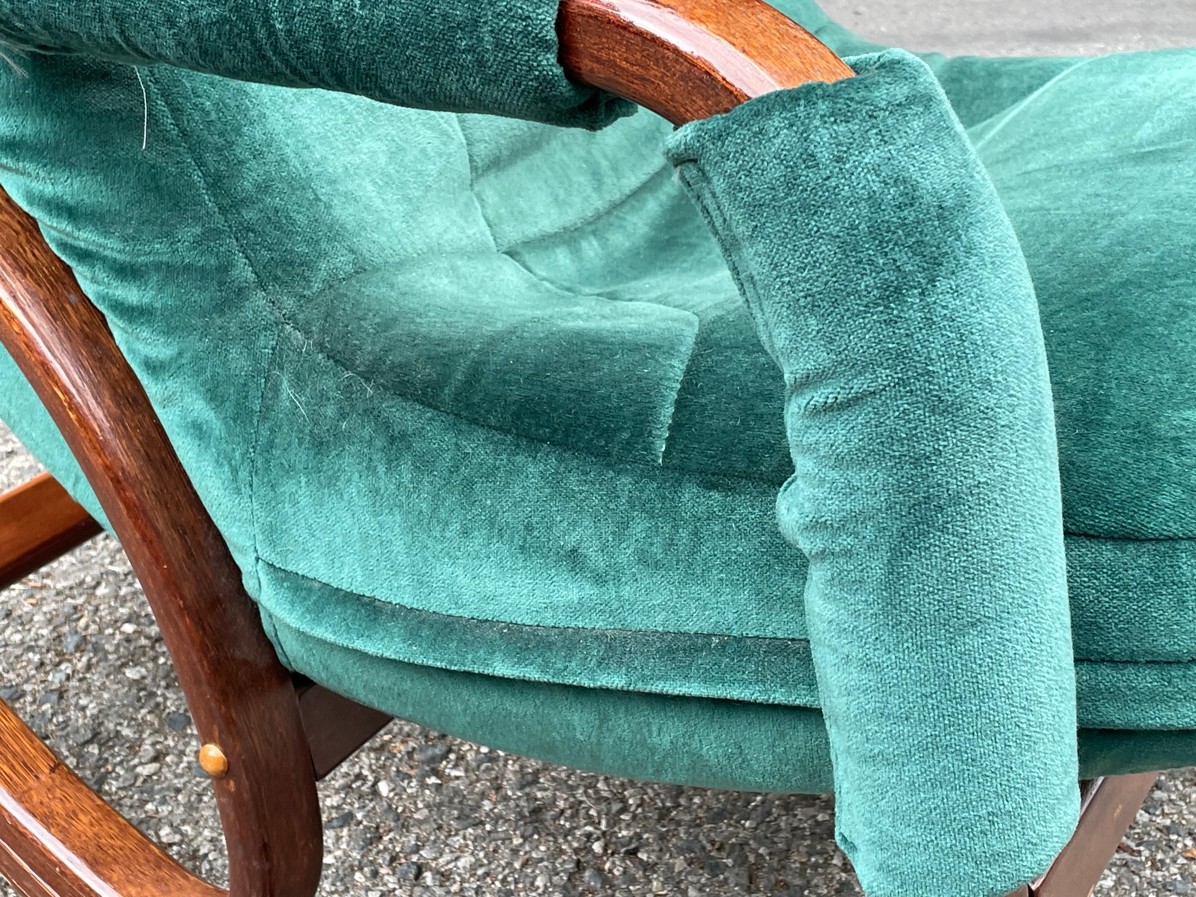Danish Modern Midcentury Bentwood Rocking Chair & Ottoman in Green Velvet 8