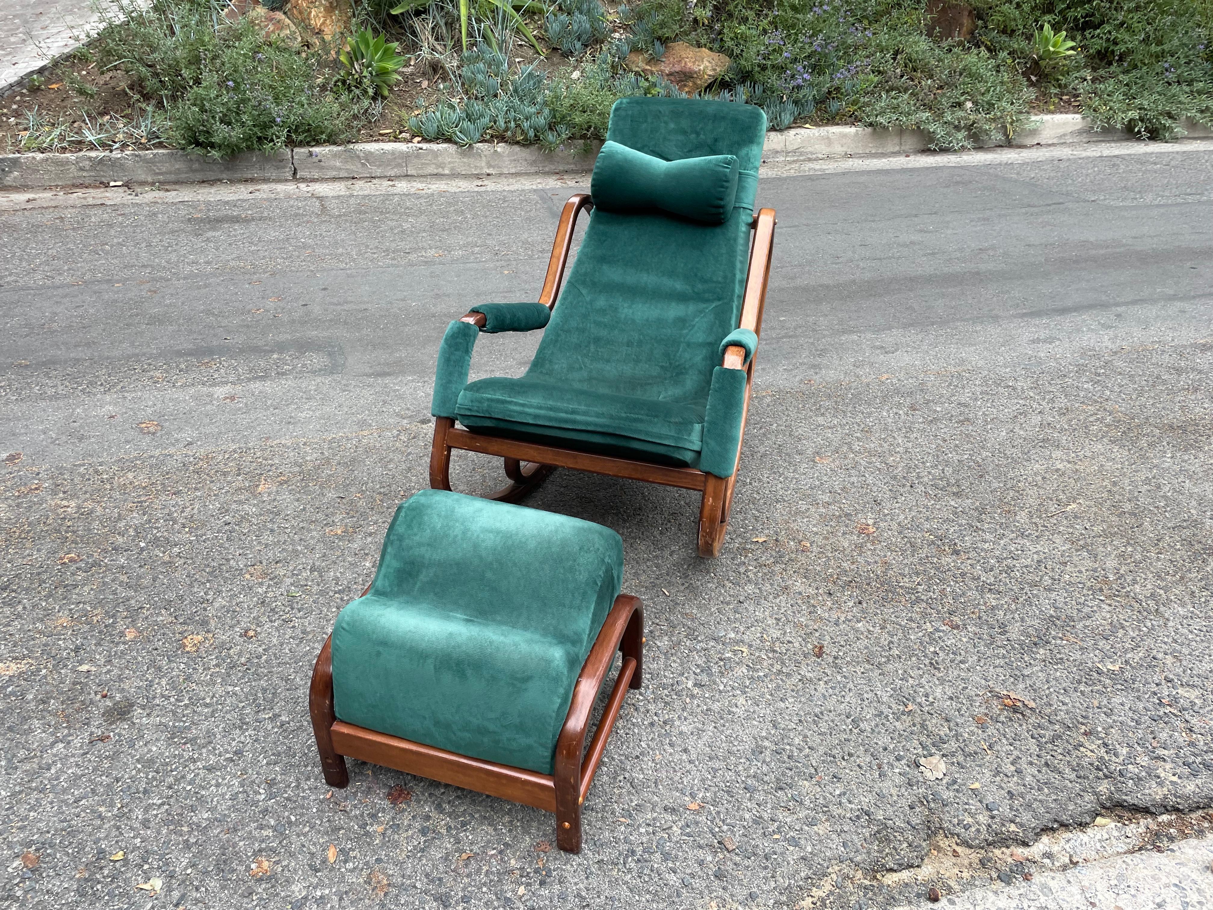 Mid-Century Modern Danish Modern Midcentury Bentwood Rocking Chair & Ottoman in Green Velvet