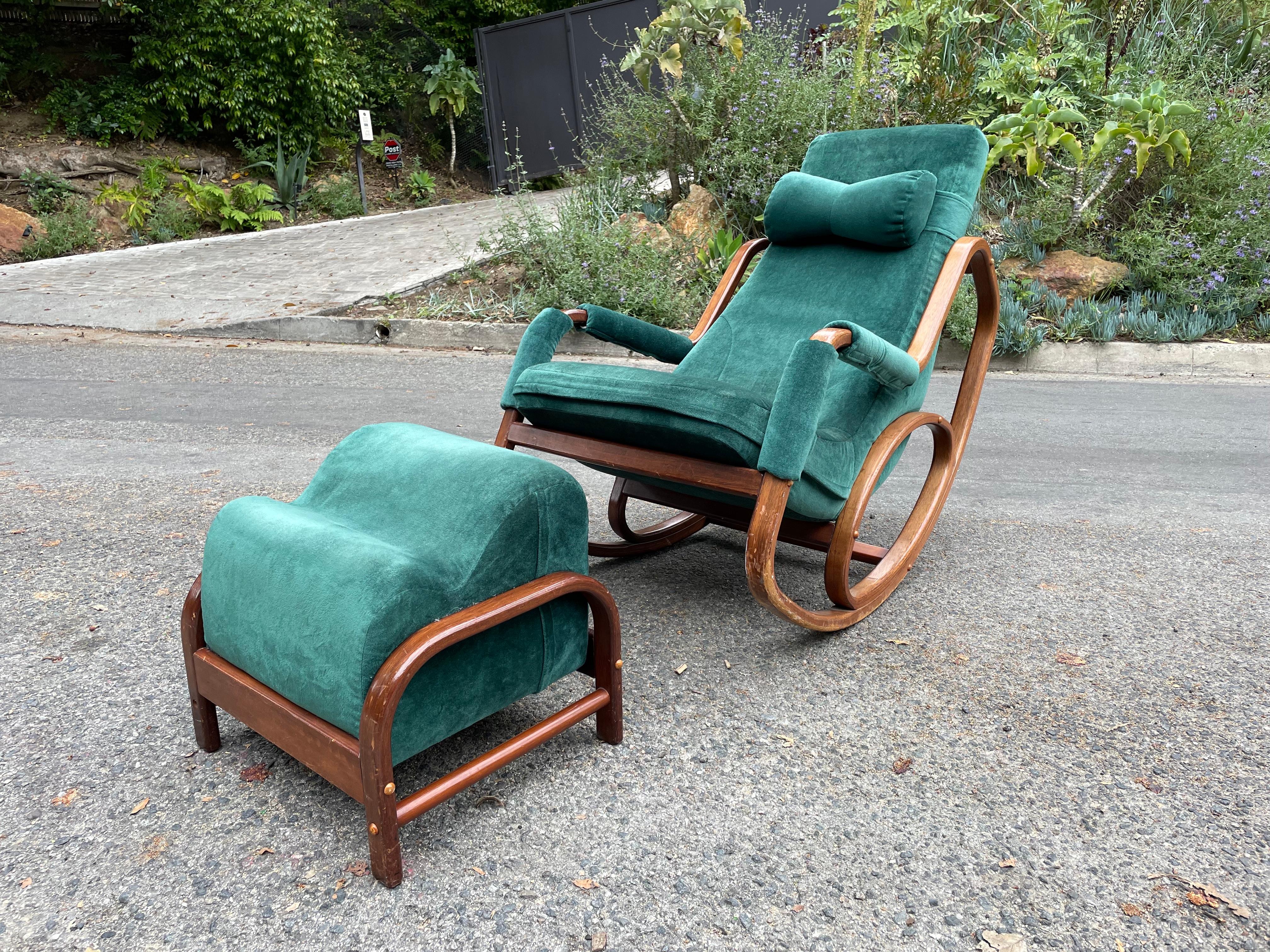 Mid-20th Century Danish Modern Midcentury Bentwood Rocking Chair & Ottoman in Green Velvet