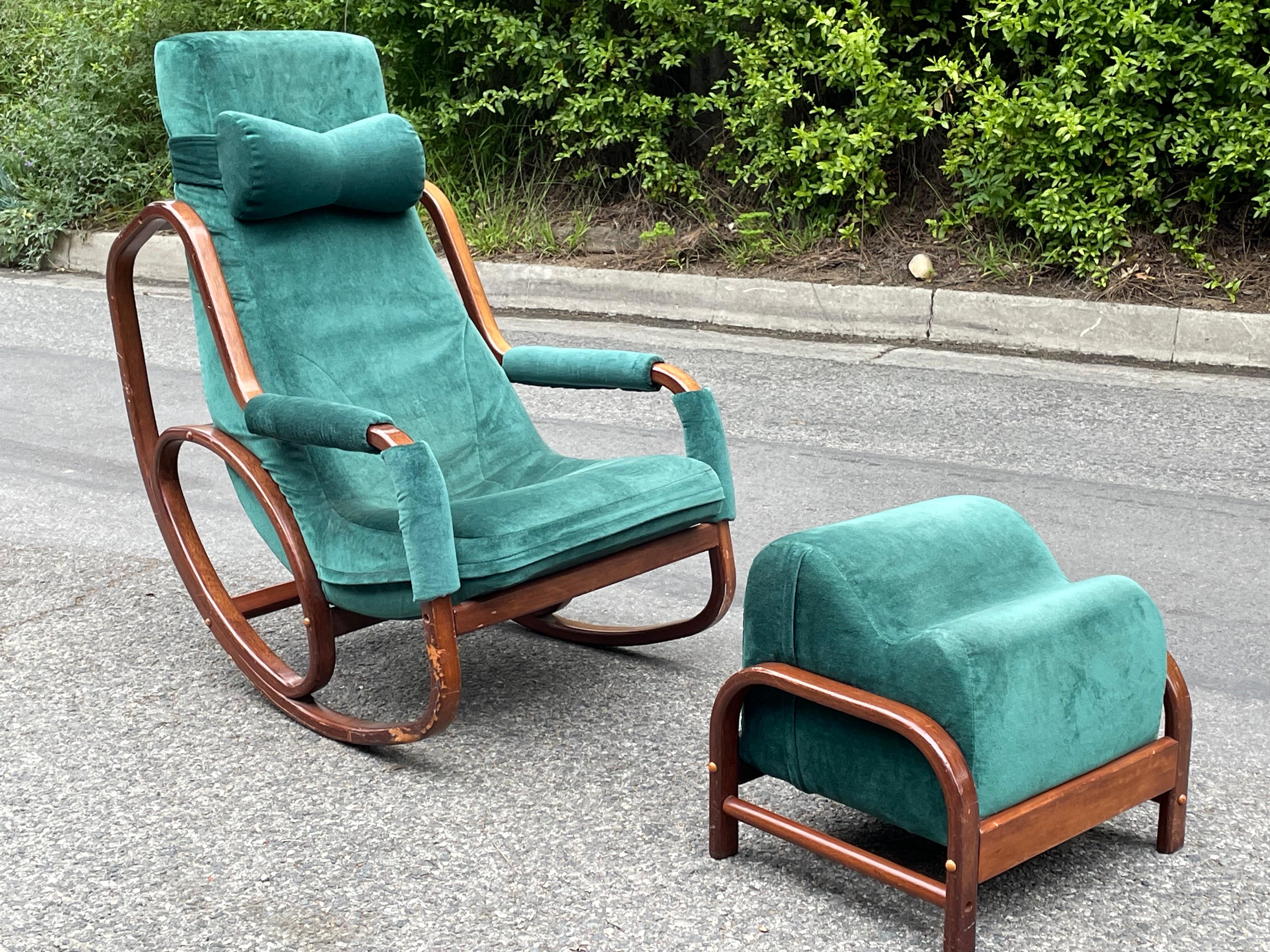 Danish Modern Midcentury Bentwood Rocking Chair & Ottoman in Green Velvet 2