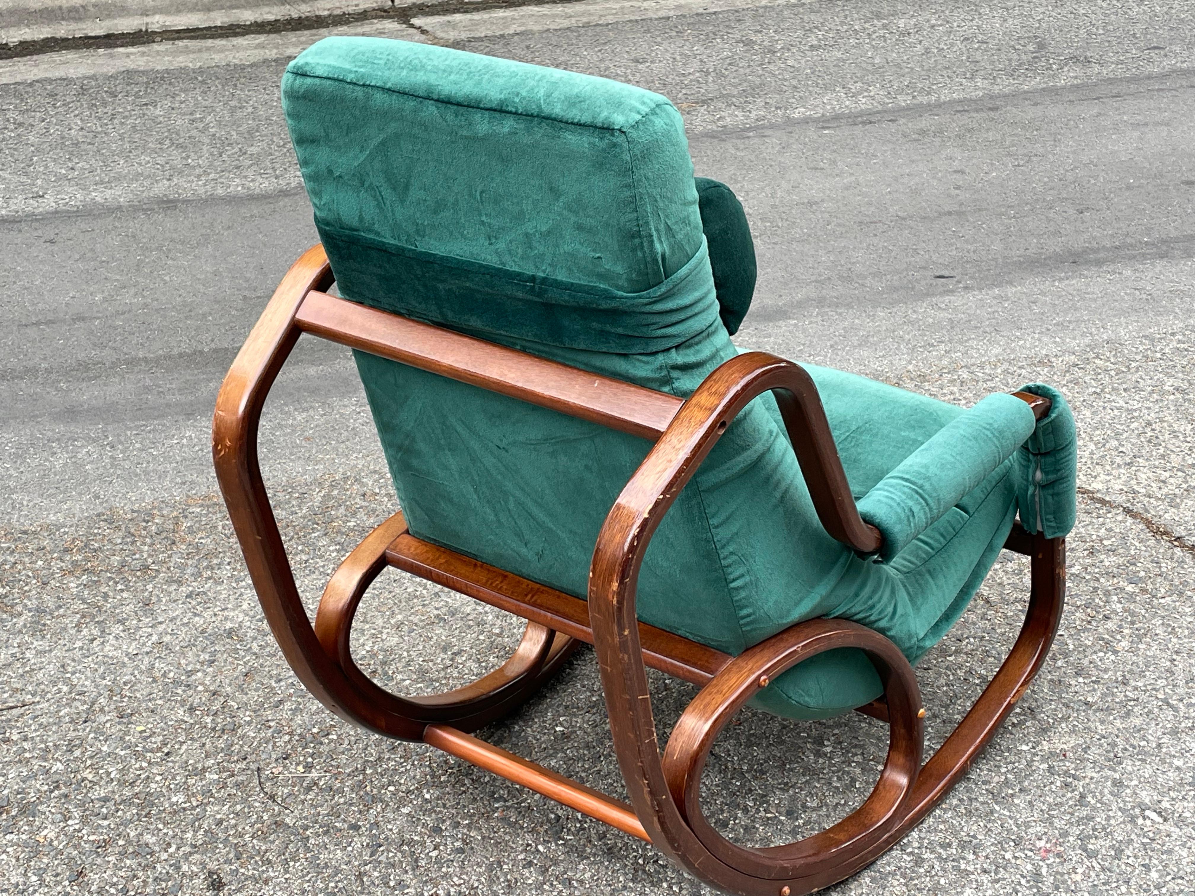 Danish Modern Midcentury Bentwood Rocking Chair & Ottoman in Green Velvet 4