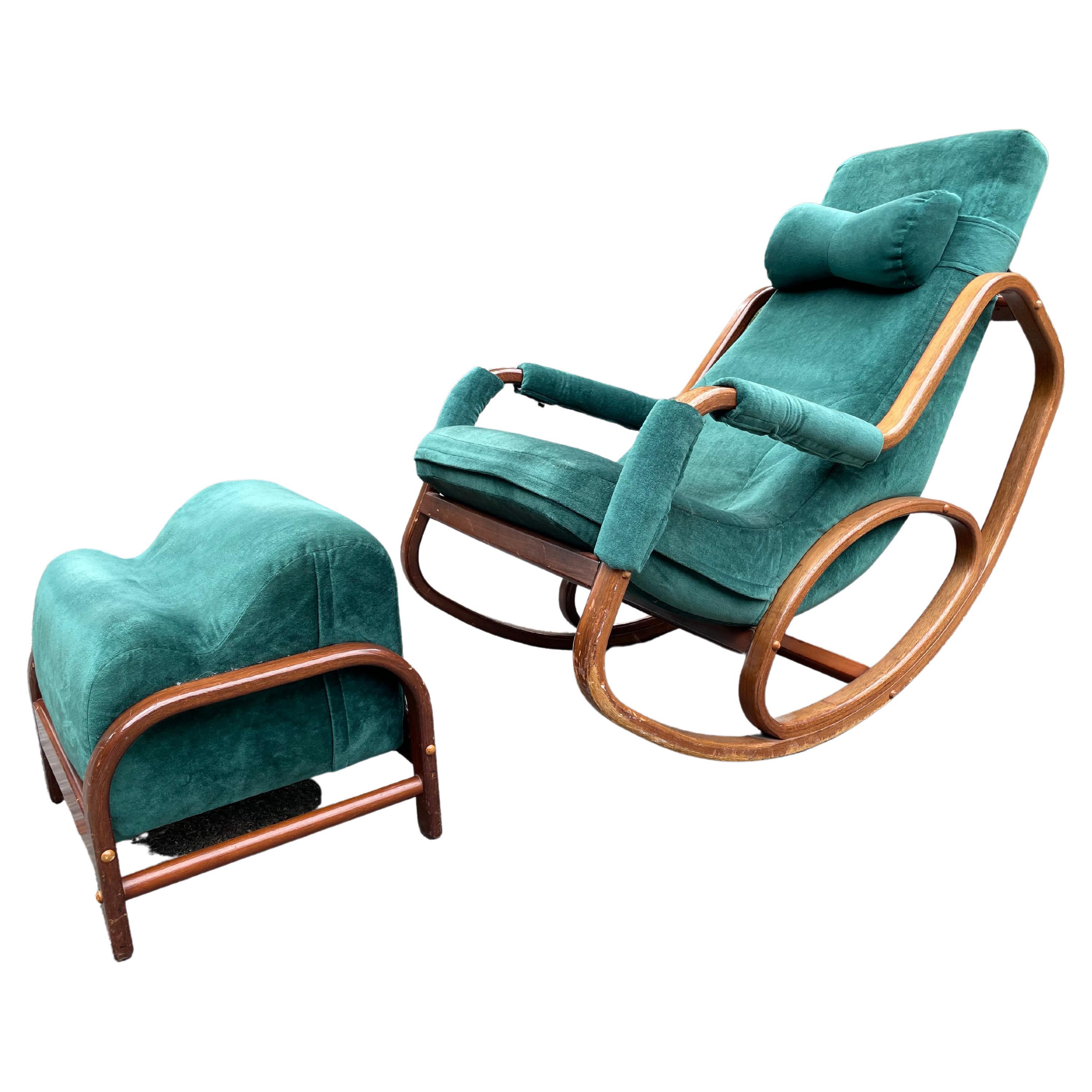 Danish Modern Midcentury Bentwood Rocking Chair & Ottoman in Green Velvet