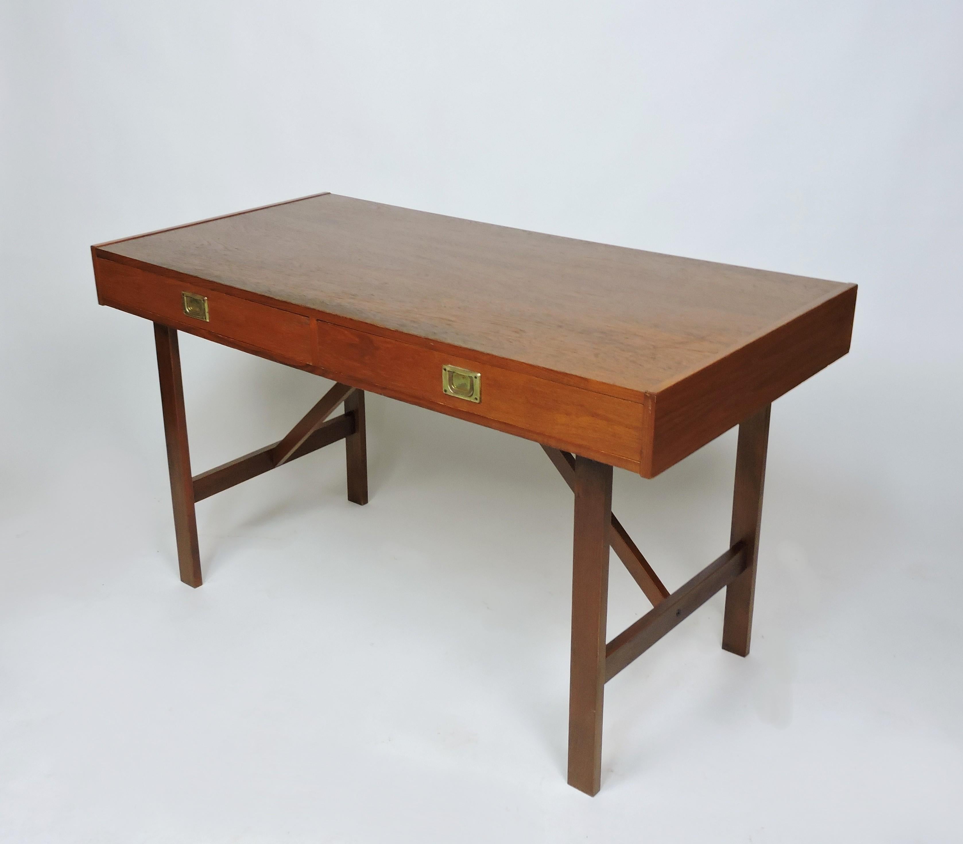 Danish Modern Mid Century Teak Campaign Style Desk 1