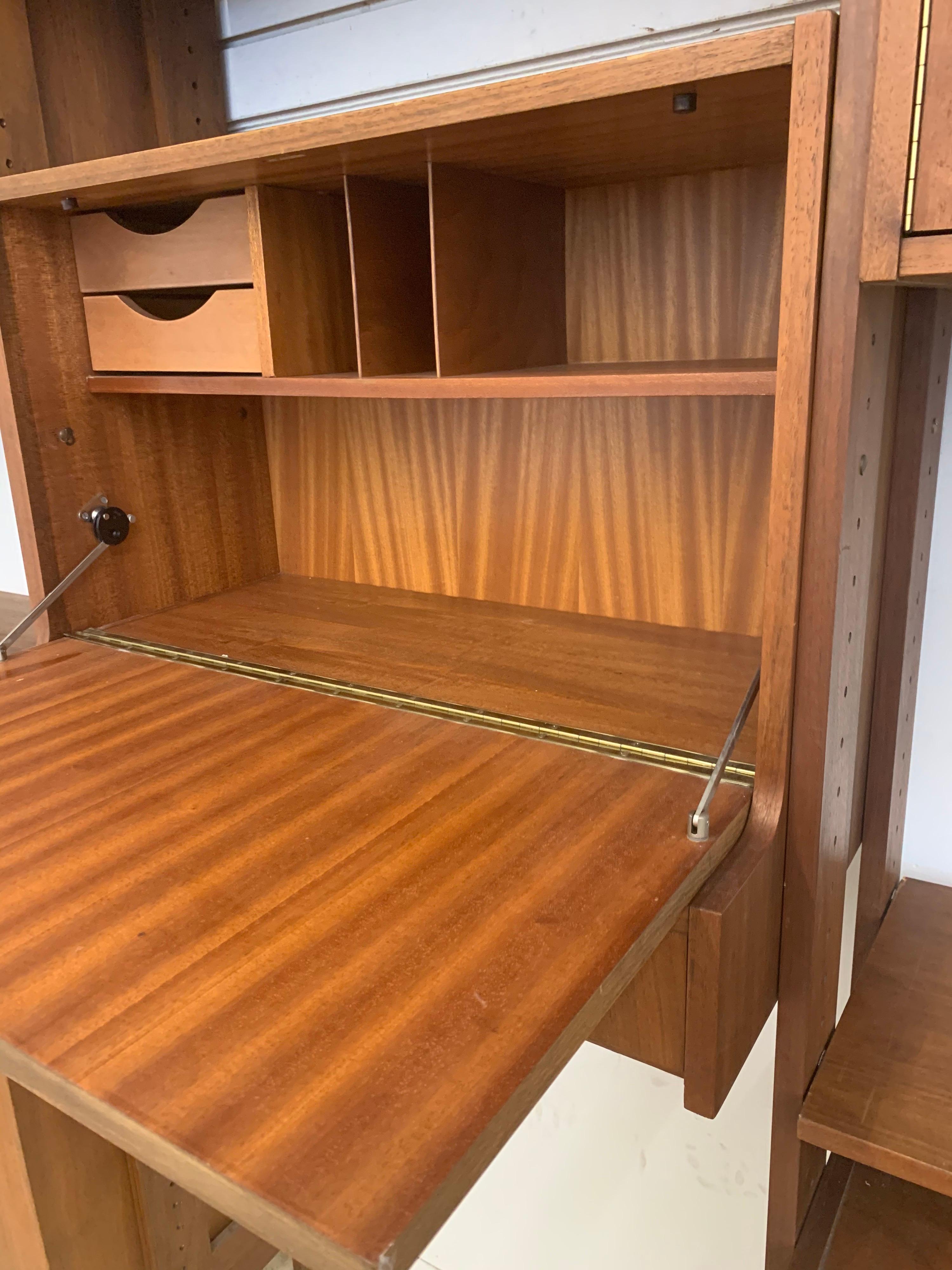 Teak Danish Modern Midcentury Modular Three Bay Bookcase Wall Unit and Desk For Sale