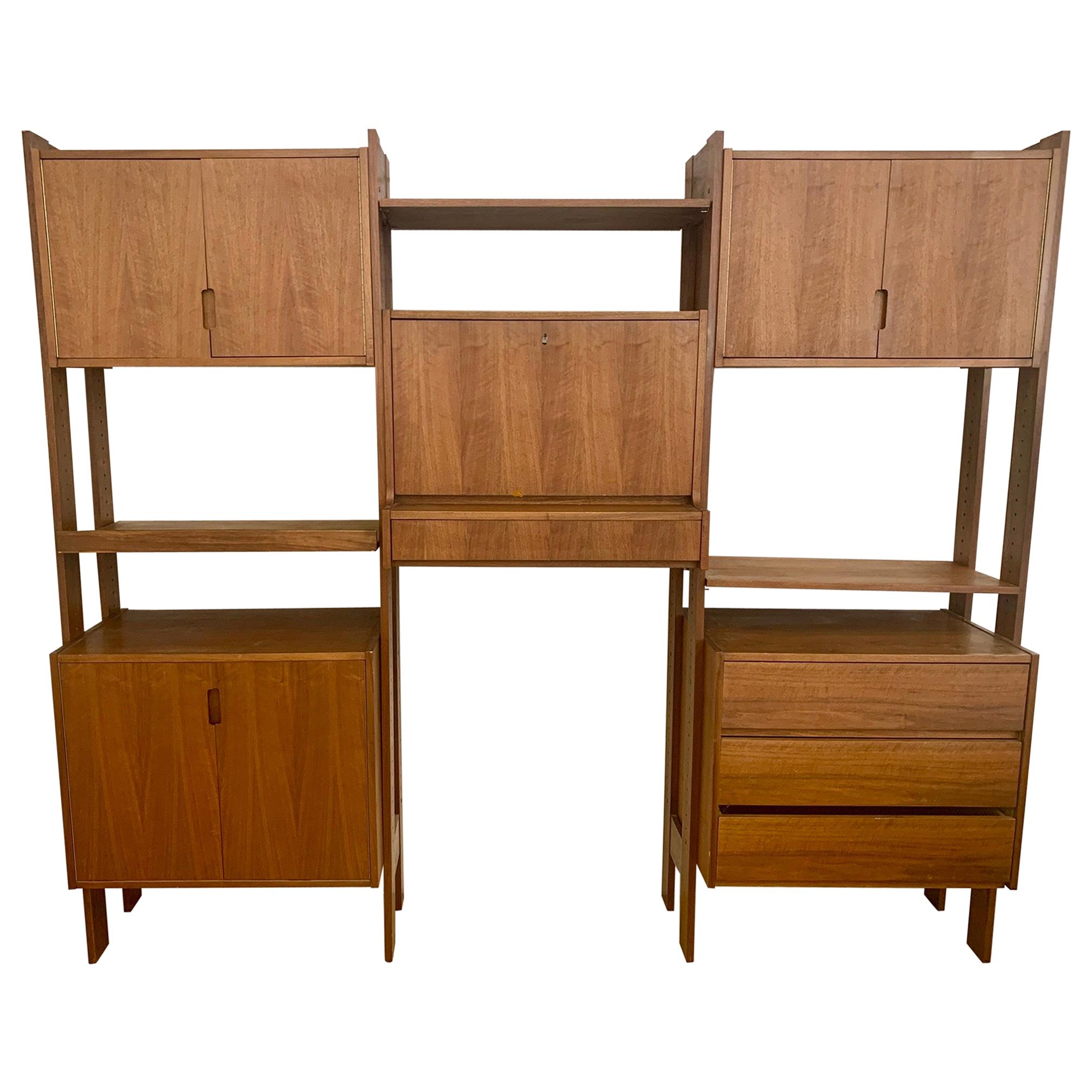 Danish Modern Midcentury Modular Three Bay Bookcase Wall Unit and Desk For Sale