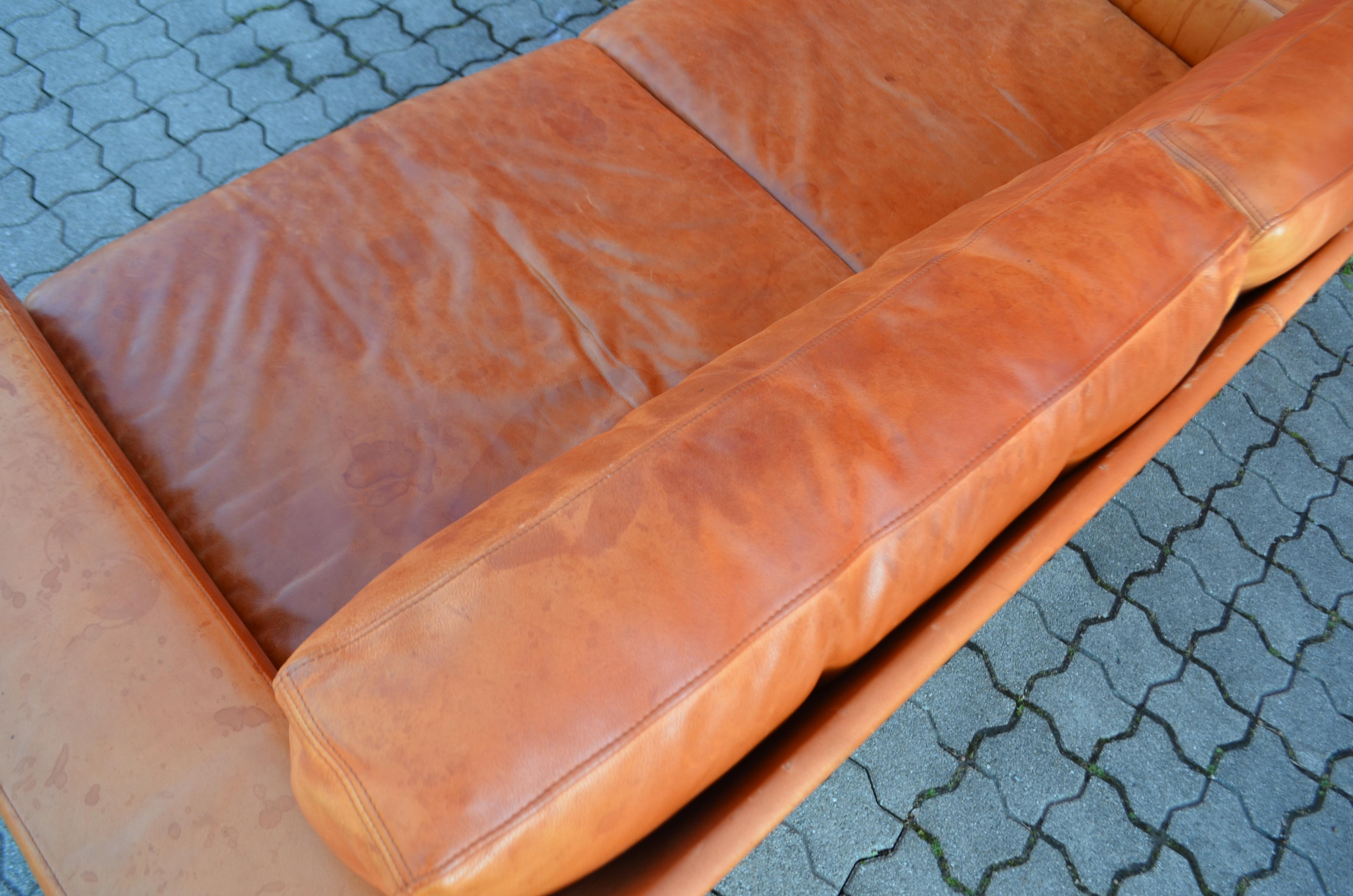 Danish Modern Mid Century Vintage Cognac Leather Sofa For Sale 4