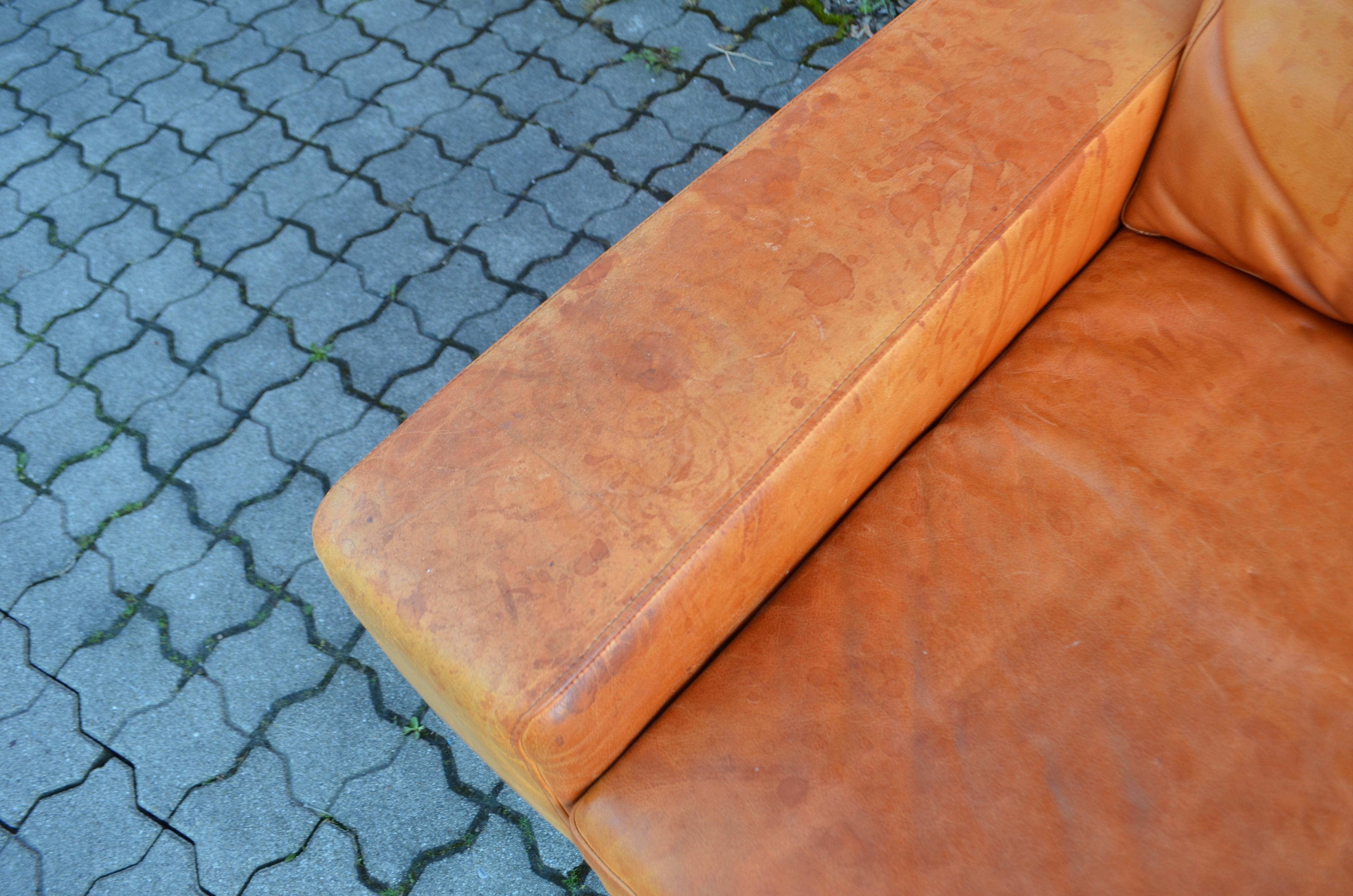 Danish Modern Mid Century Vintage Cognac Leather Sofa For Sale 2