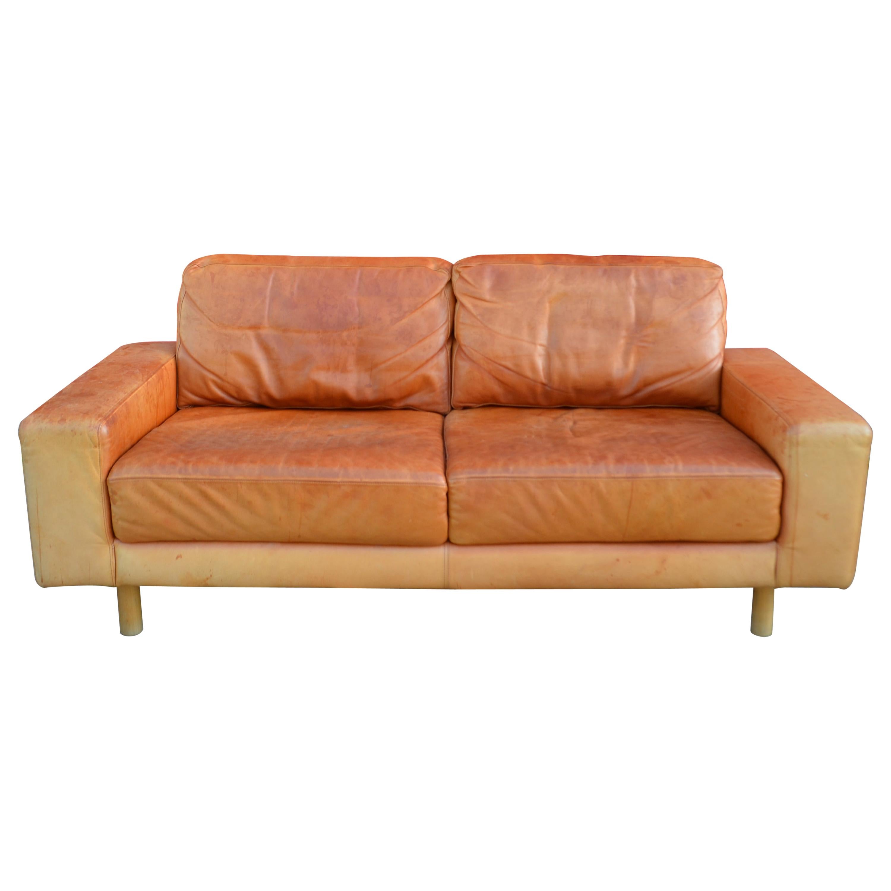 Danish Modern Mid Century Vintage Cognac Leather Sofa