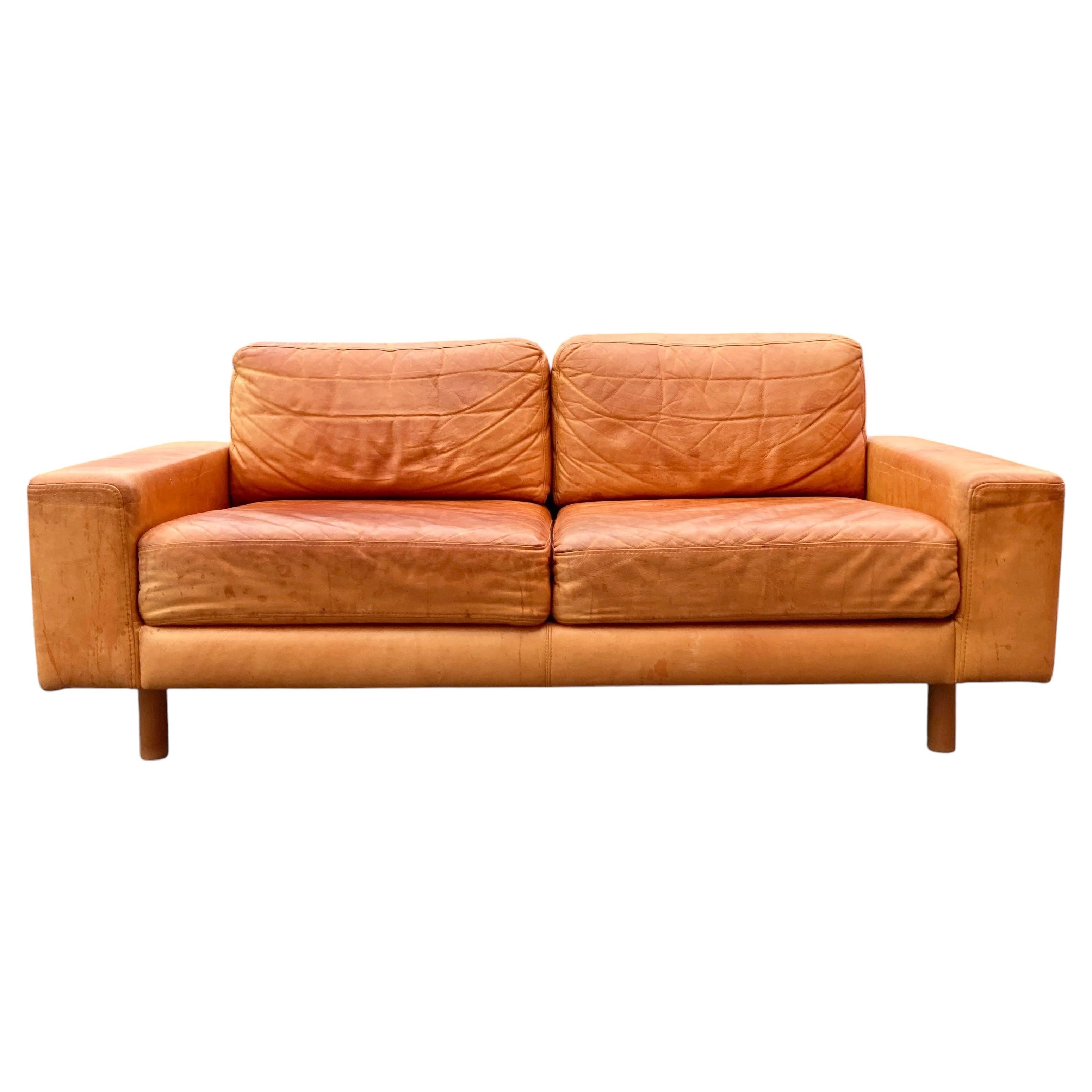 Danish Modern Mid Century Vintage Cognac Leather Sofa For Sale