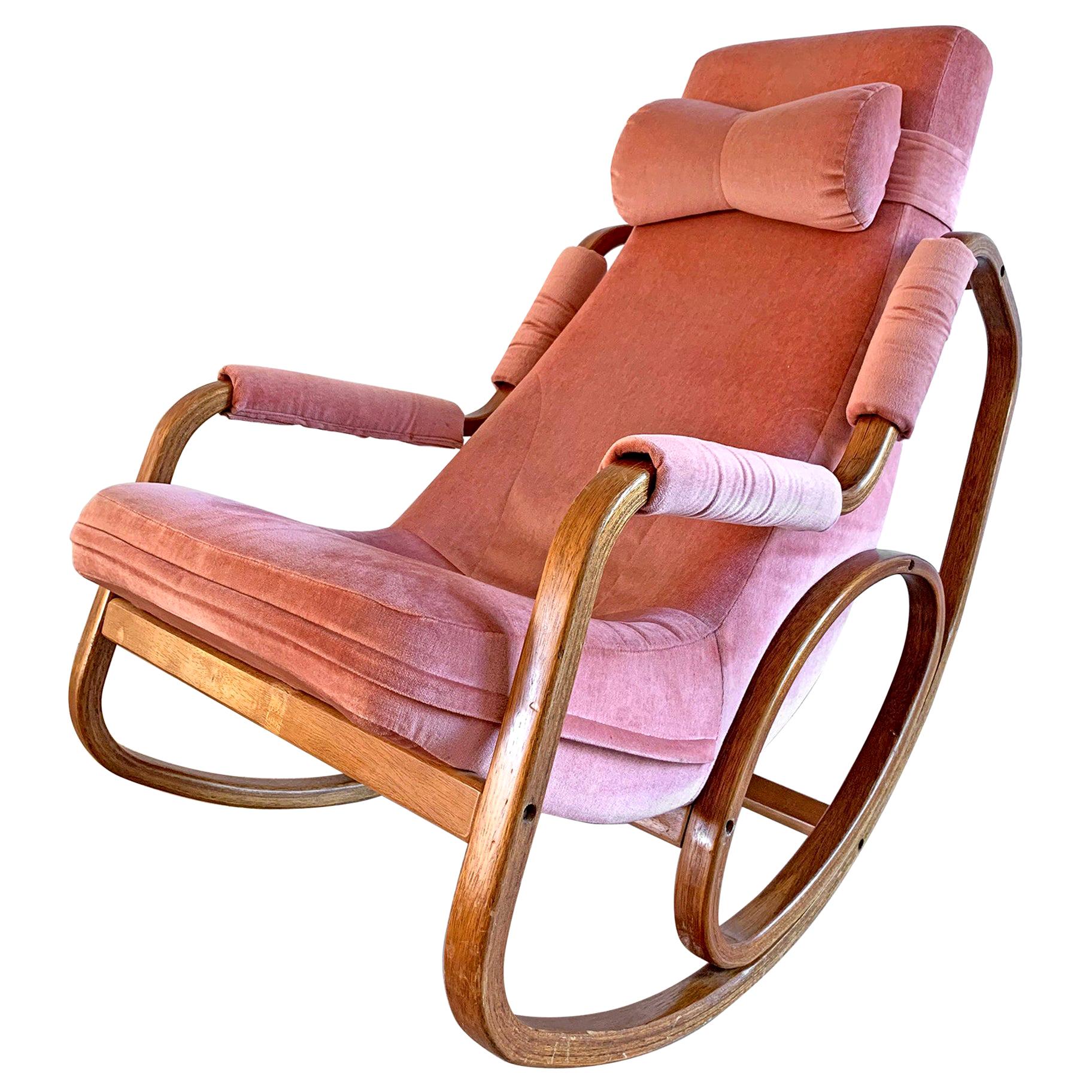 Danish Modern Midcentury Bentwood Rocking Chair in Pink Velvet