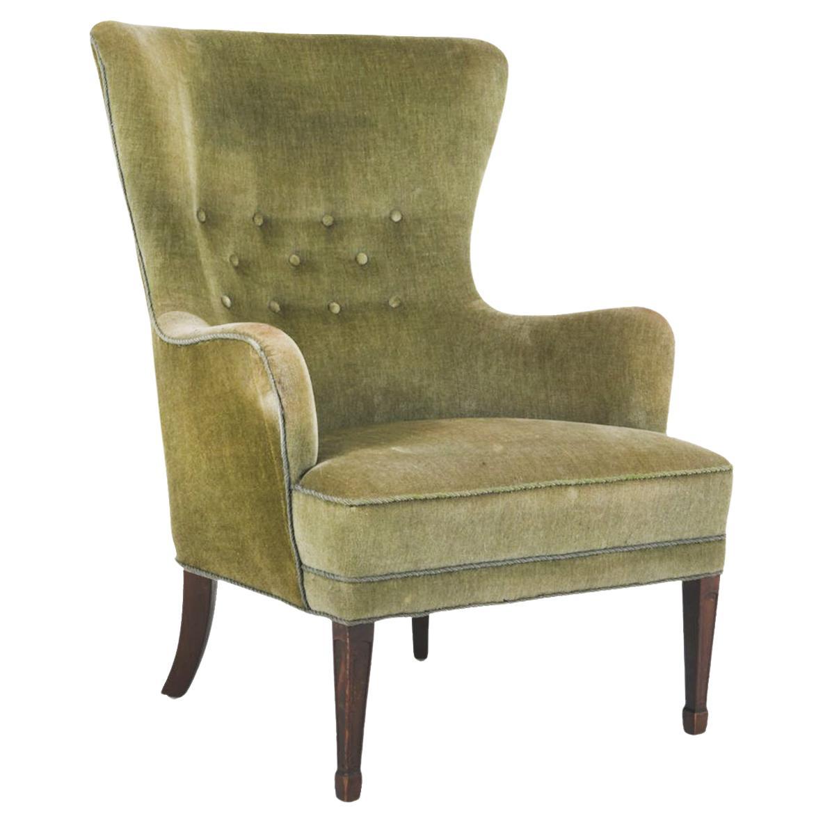 Danish Modern Mohair Wingback Armchair in the Style of Frits Henningsen