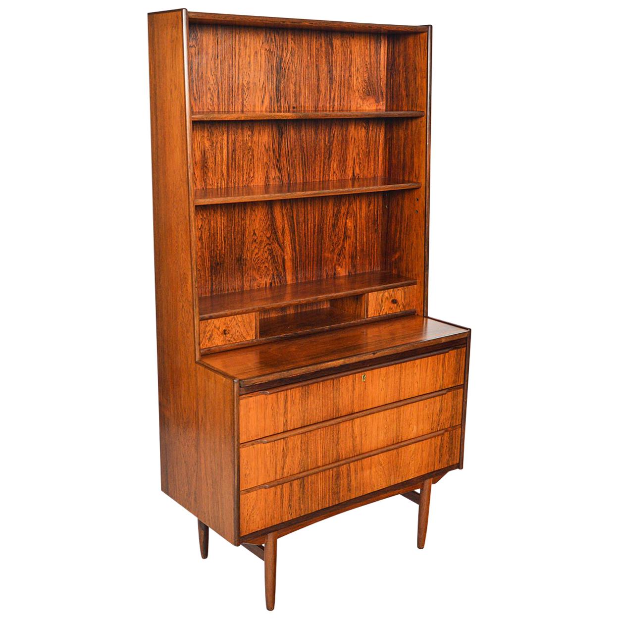 Danish Modern Narrow Rosewood Bookcase Secretary Desk