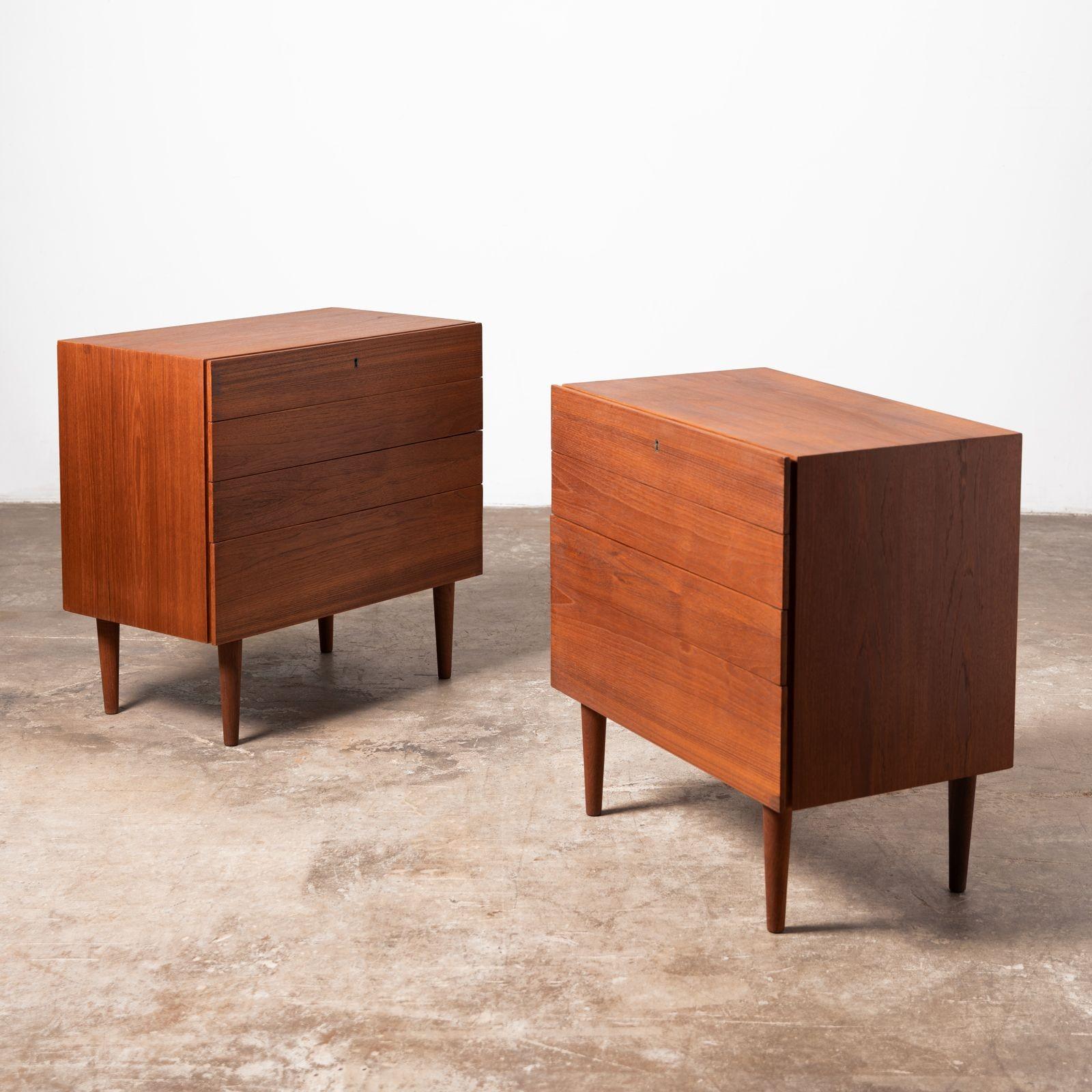 1960s Scandinavian modern chests or nightstands in teak wood with a satin lacquer finish. Beautiful minimalist form with elegant tapered legs. The drawers have a recessed reveal on the sides to open them and enable them top be free of ornamental