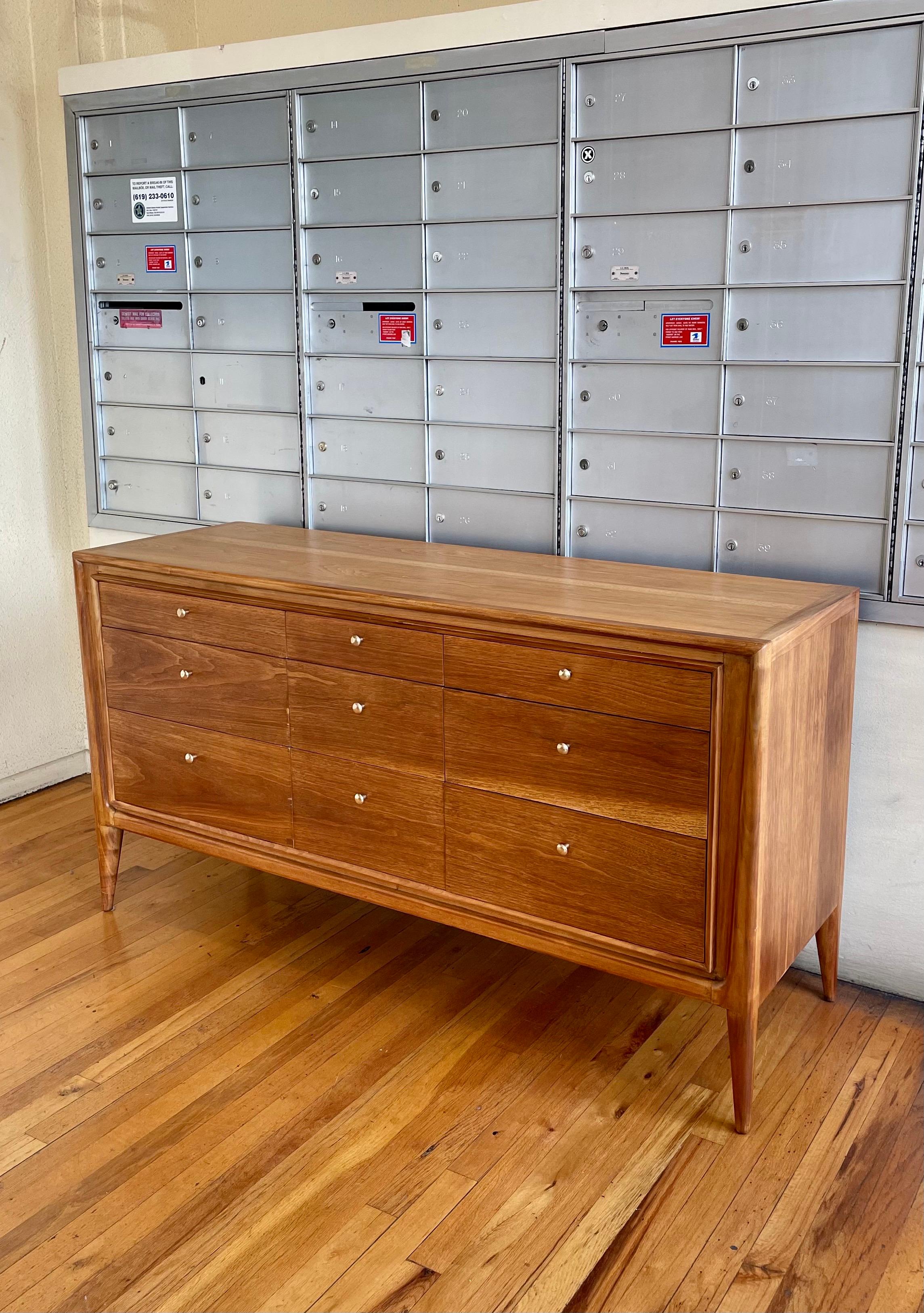 Danish Modern Nine Drawer Dresser in Walnut by John Stuart In Excellent Condition In San Diego, CA