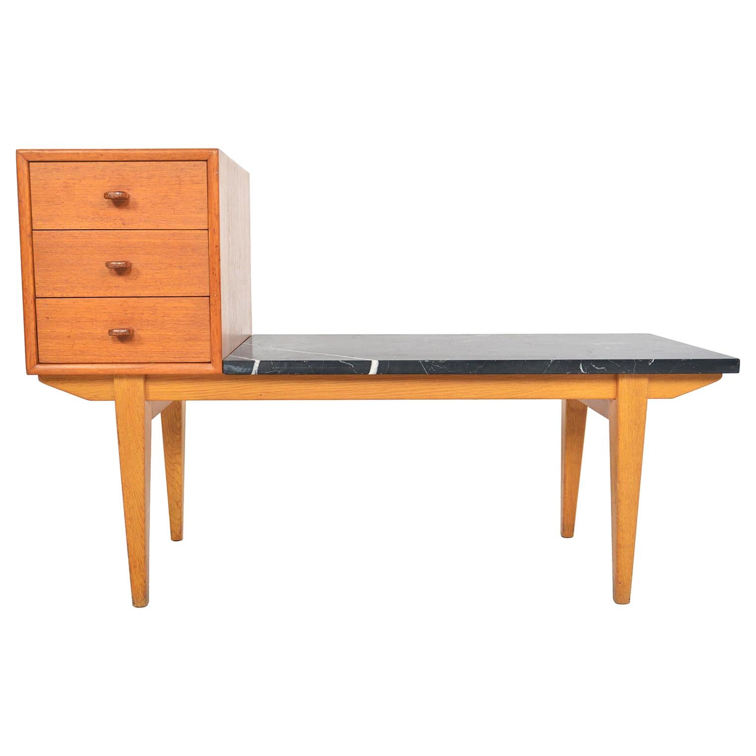 Danish Modern Oak and Marble Telephone Bench