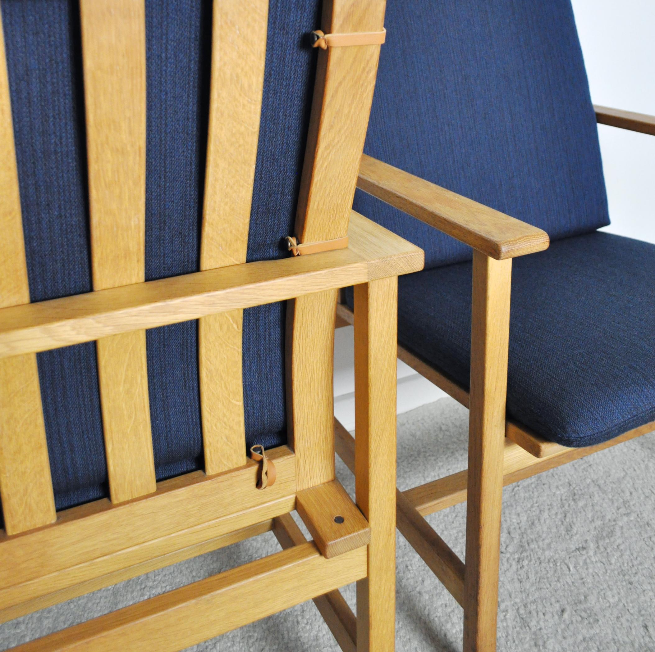 Scandinavian Modern Danish Modern Oak Armchairs with Navy Blue New Upholstery by Børge Mogensen For Sale