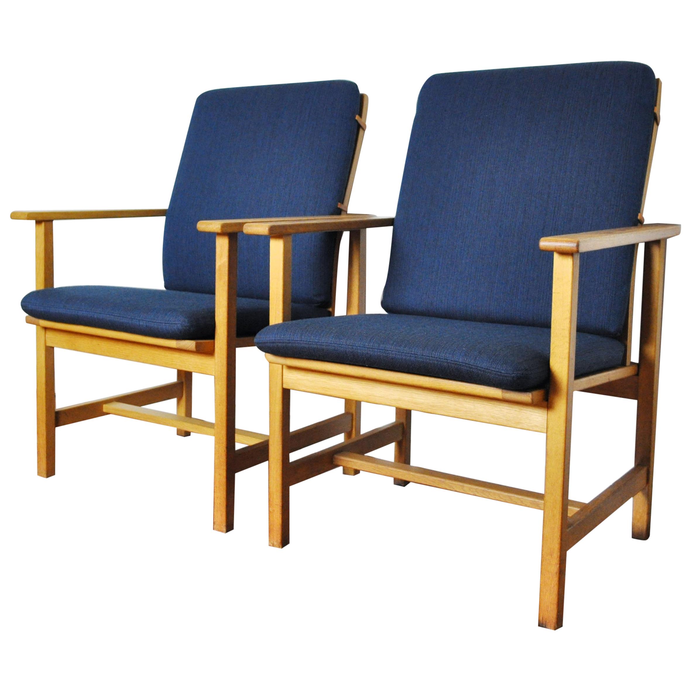 Danish Modern Oak Armchairs with Navy Blue New Upholstery by Børge Mogensen For Sale