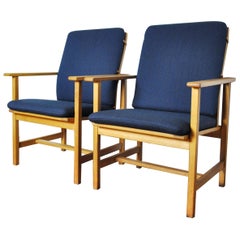 Danish Modern Oak Armchairs with Navy Blue New Upholstery by Børge Mogensen