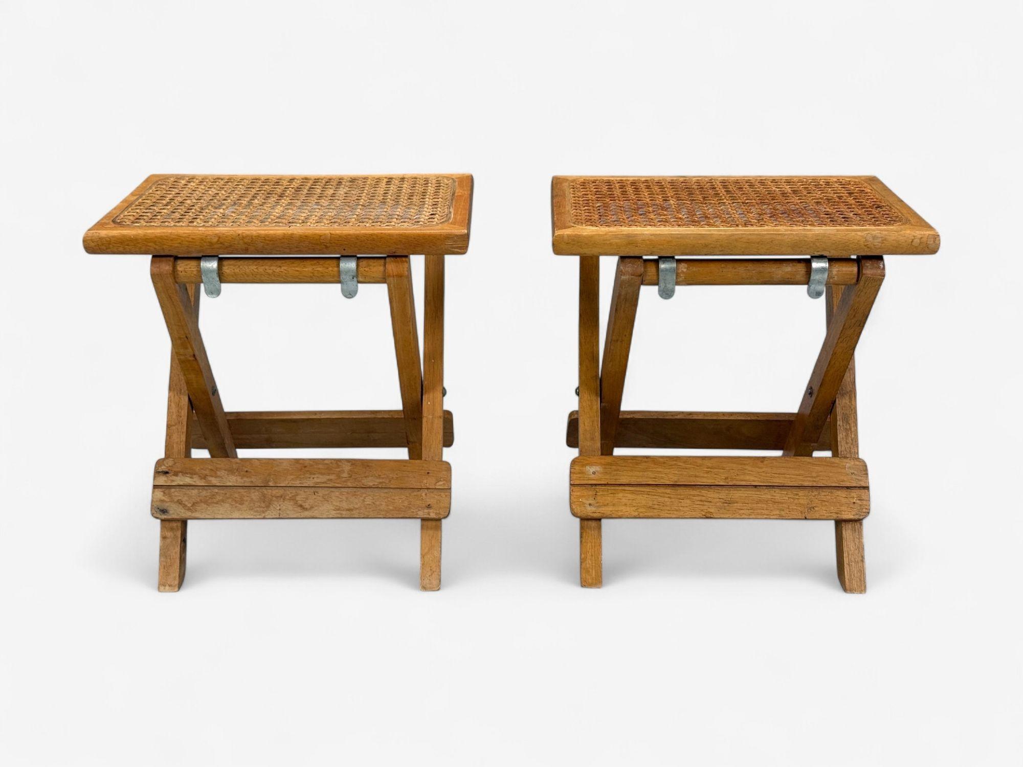 Danish Mid-Century Modern, Oak, Cane, Folding Side or End Tables, Denmark, 1970s

Pair of diminutive side or end tables designed and produced in Demark c. 1970s. Each example features tightly woven cane tops and collapsible compass form oak