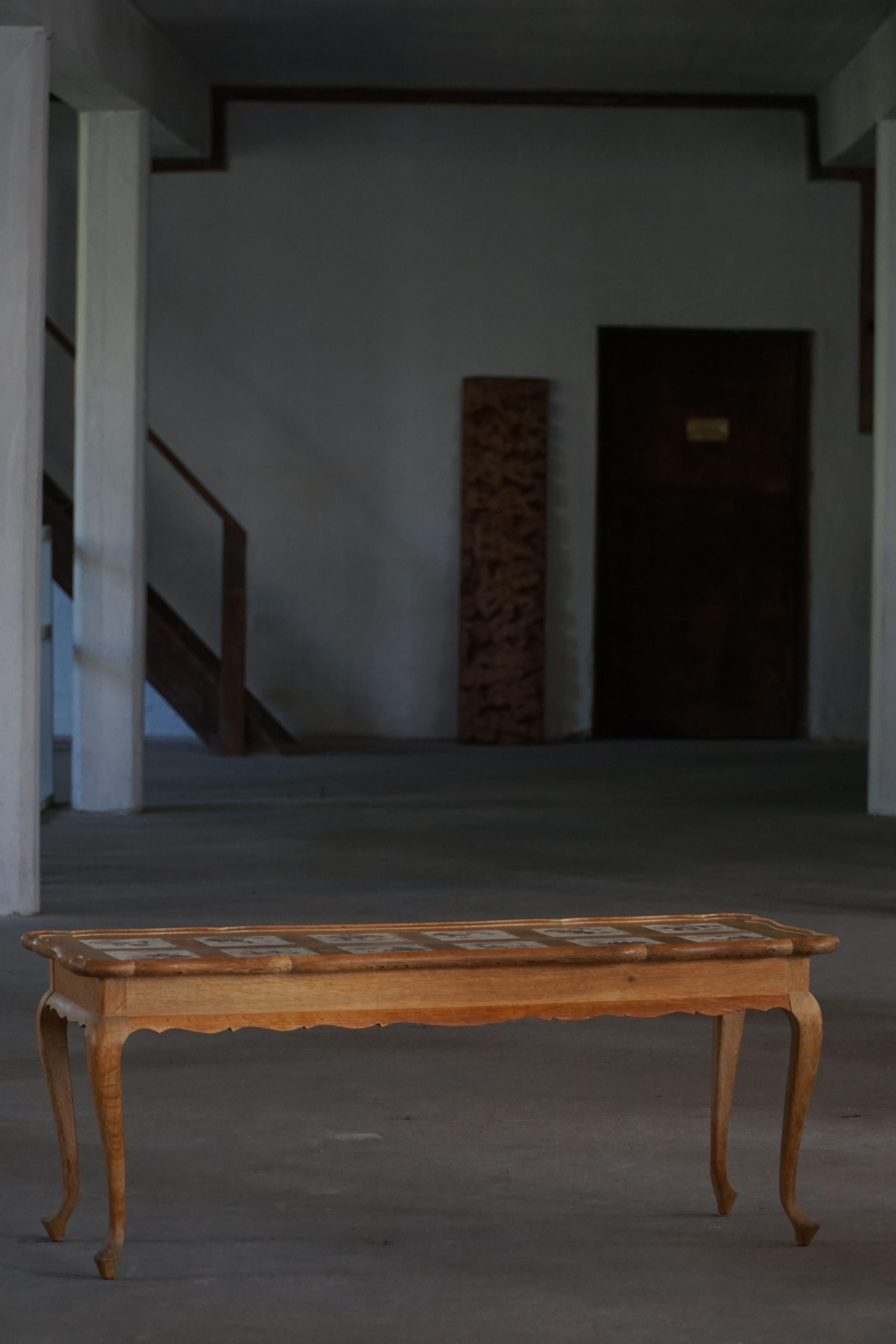 Baroque Danish Modern Oak Coffee Table / Console with Tiled Top, Frits Henningsen, 1950s For Sale