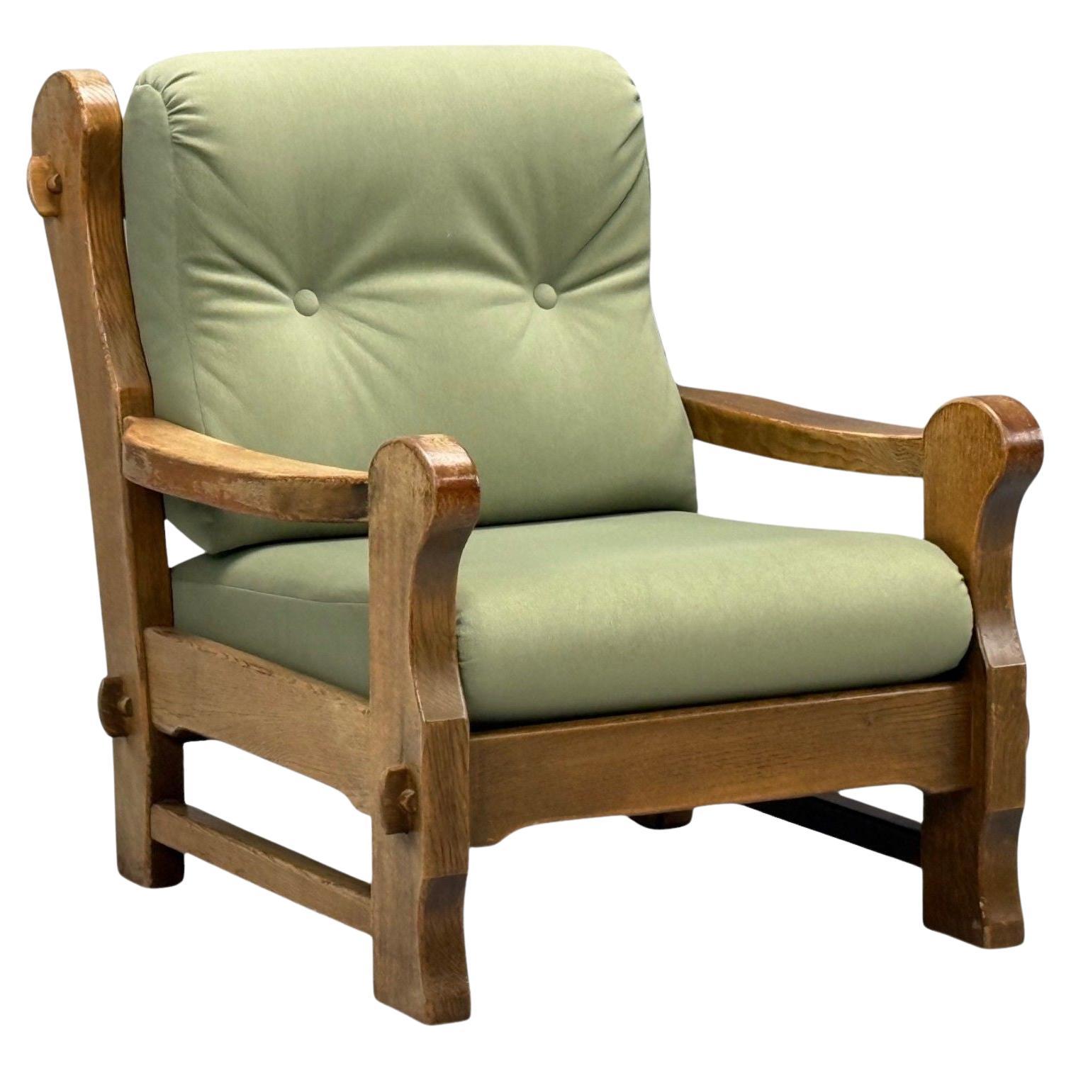 Danish Modern, Oak, Green Nubuck, Brutalist Lounge Chair, Denmark, 1960s