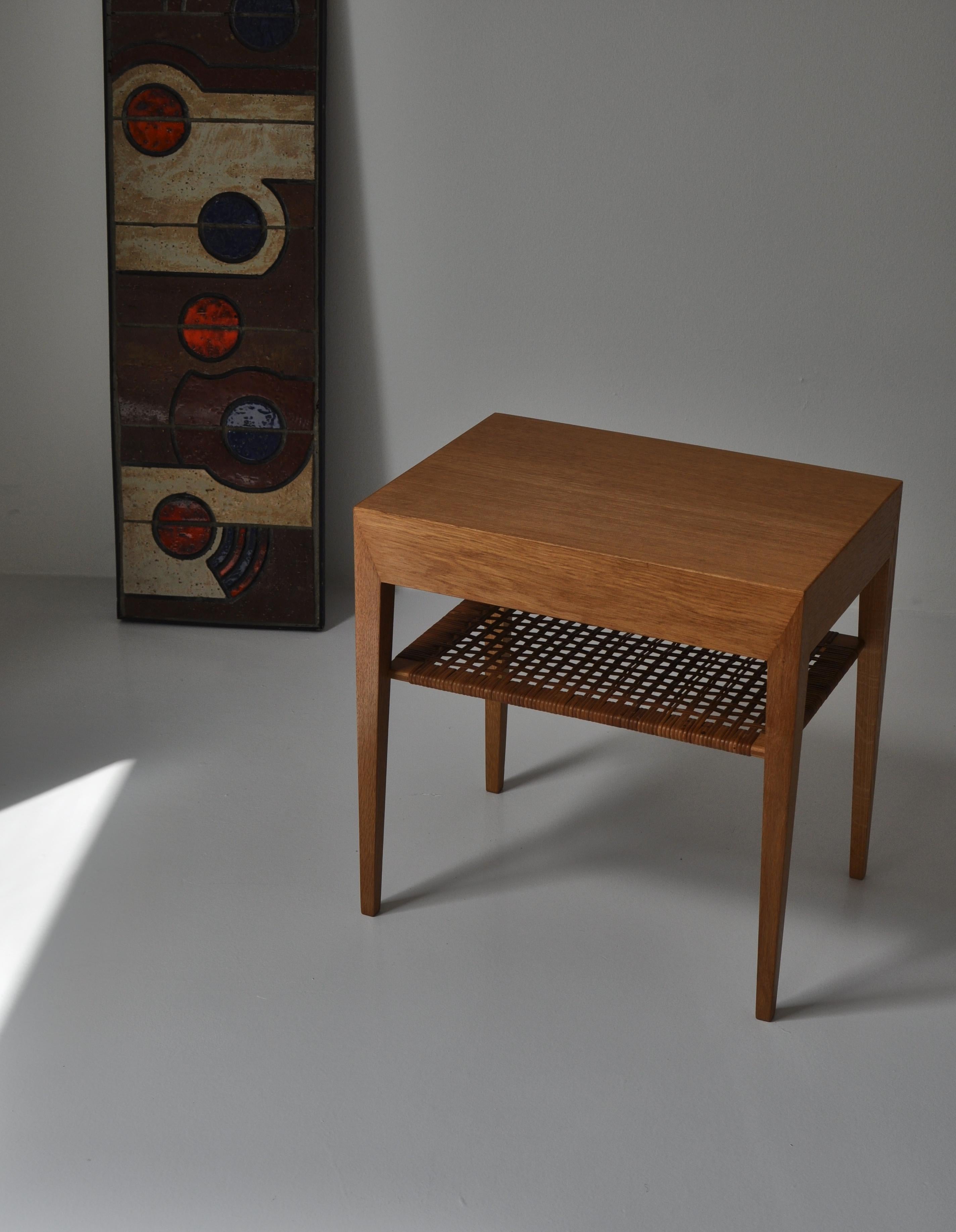Danish Modern Oak Side Table with Shelf in Rattan Cane by Severin Hansen, 1950s 6