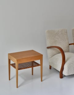 Danish Modern Oak Side Table with Shelf in Rattan Cane by Severin Hansen, 1950s