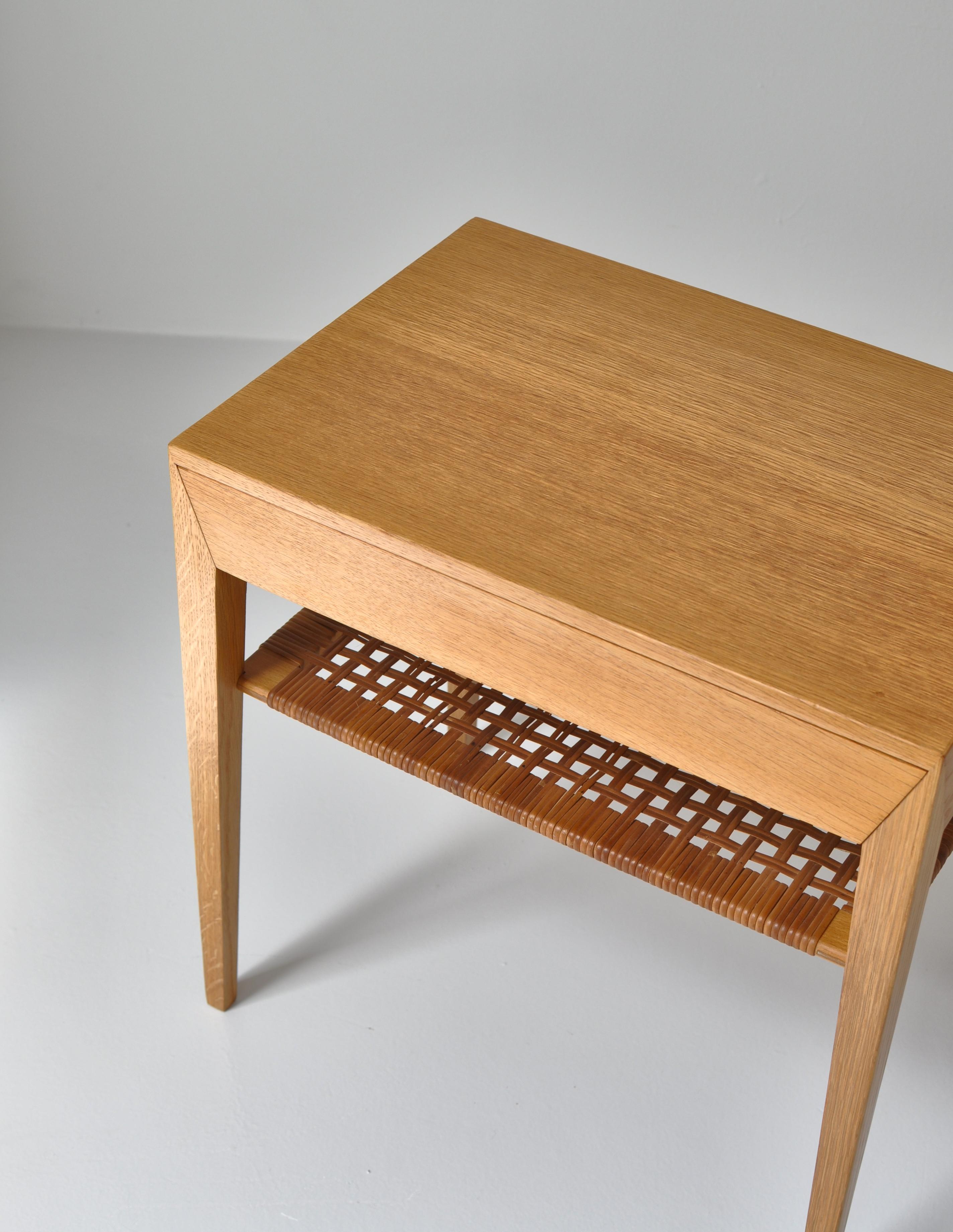 Danish Modern Oak Side Table with Shelf in Rattan Cane by Severin Hansen, 1950s 1