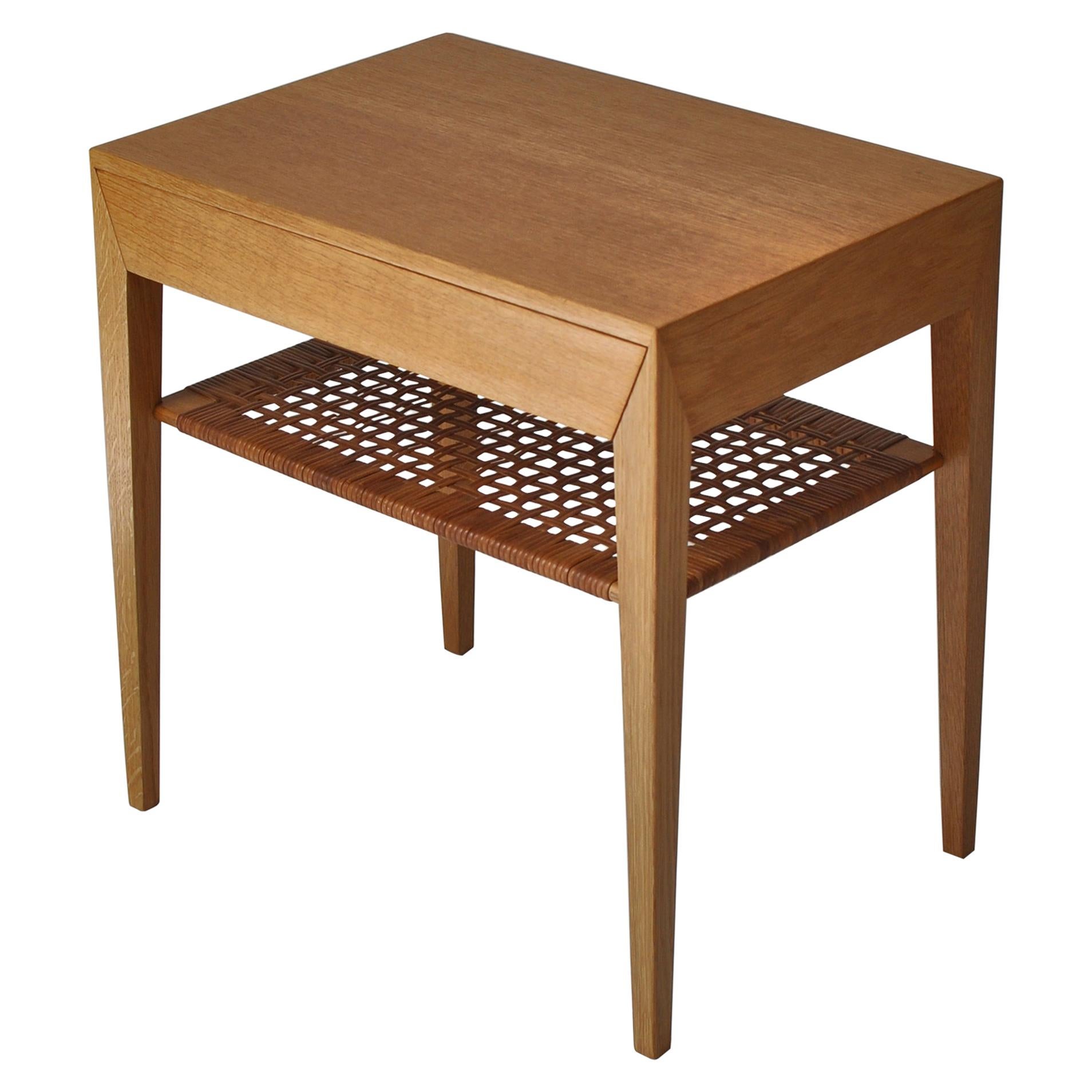 Danish Modern Oak Side Table with Shelf in Rattan Cane by Severin Hansen, 1950s
