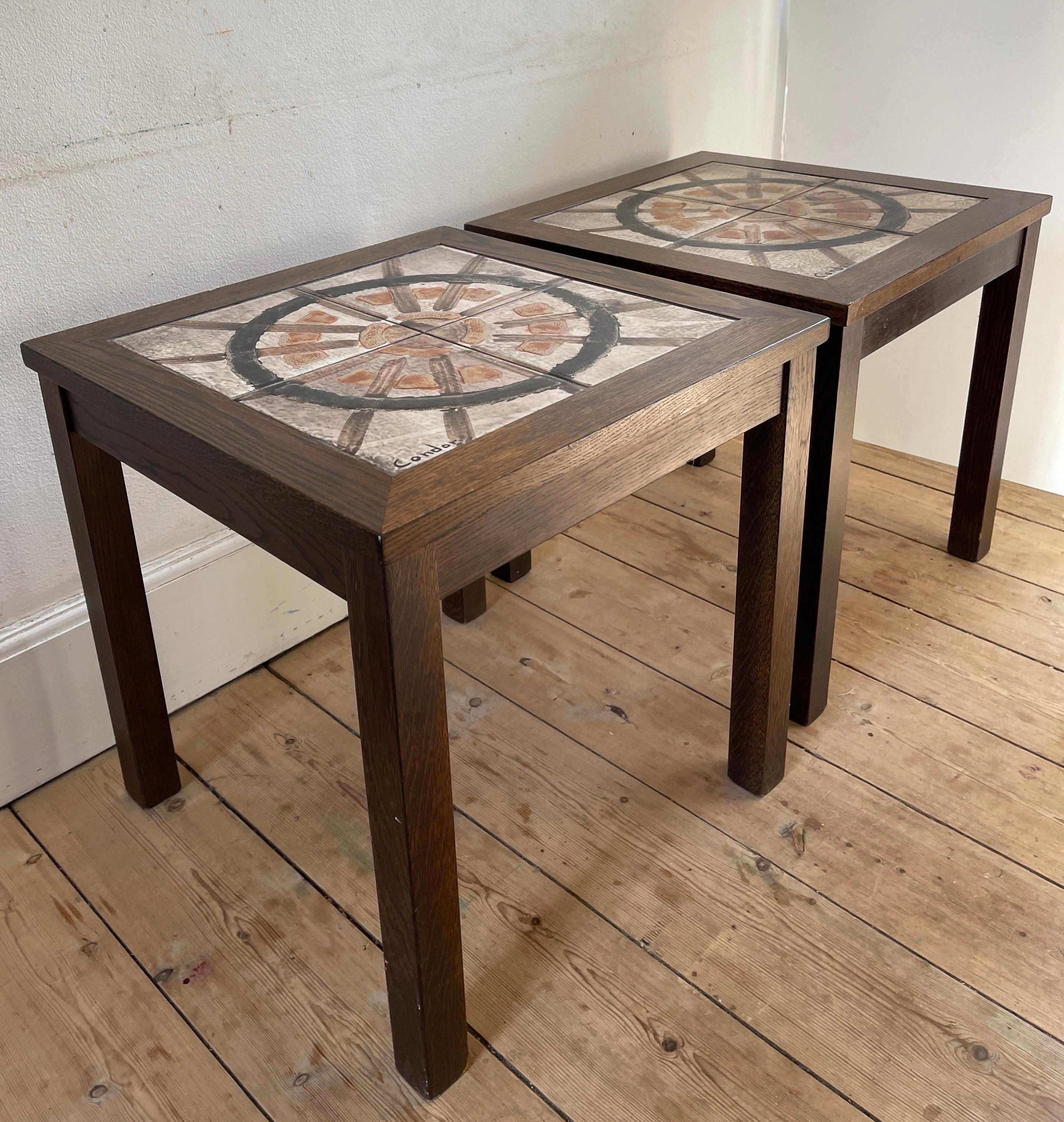 Pair of Danish 1970’s oak side tables with hand crafted studio ceramic 