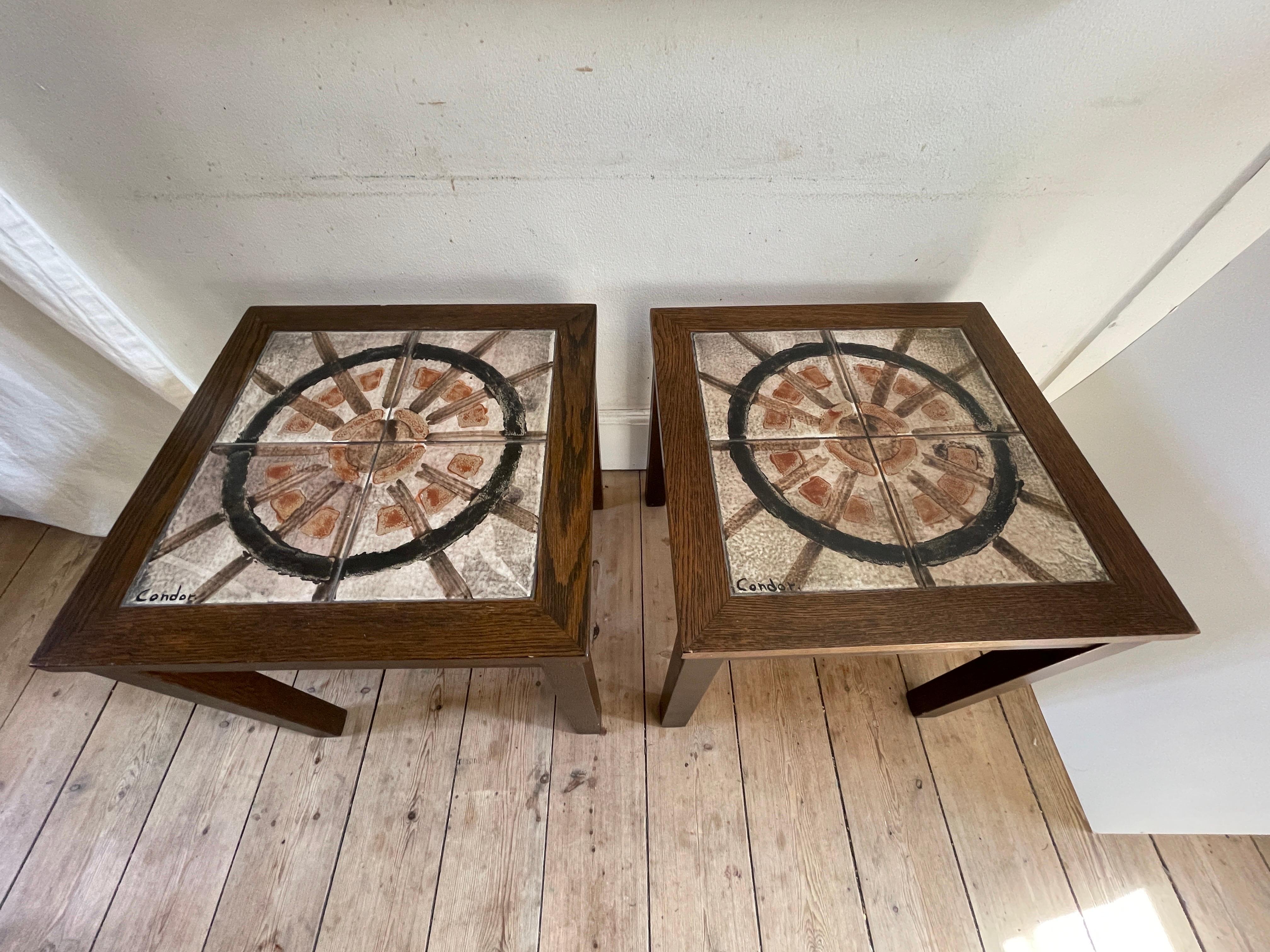 Scandinavian Modern Danish Oak Side Tables With Hand Painted Tile Tops In the Manner of Picasso For Sale