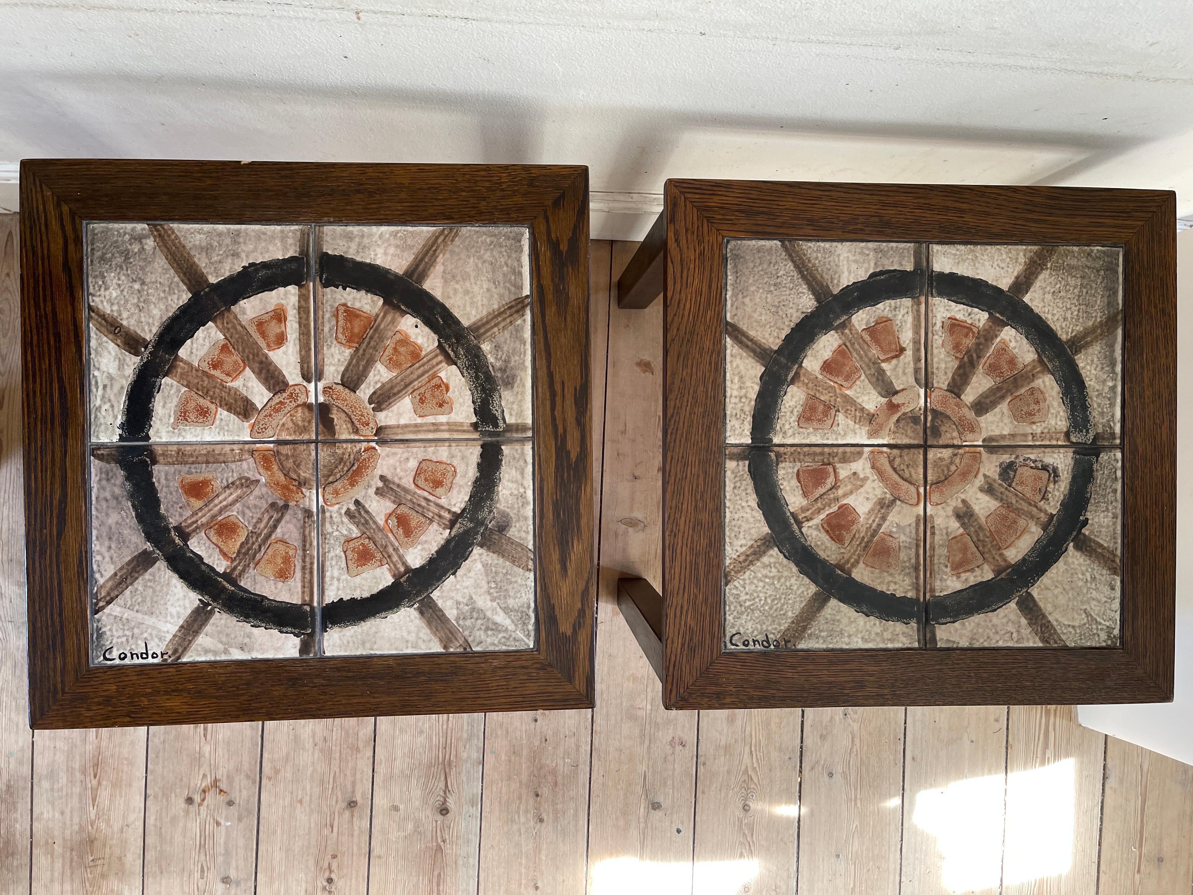 Hand-Crafted Danish Oak Side Tables With Hand Painted Tile Tops In the Manner of Picasso For Sale