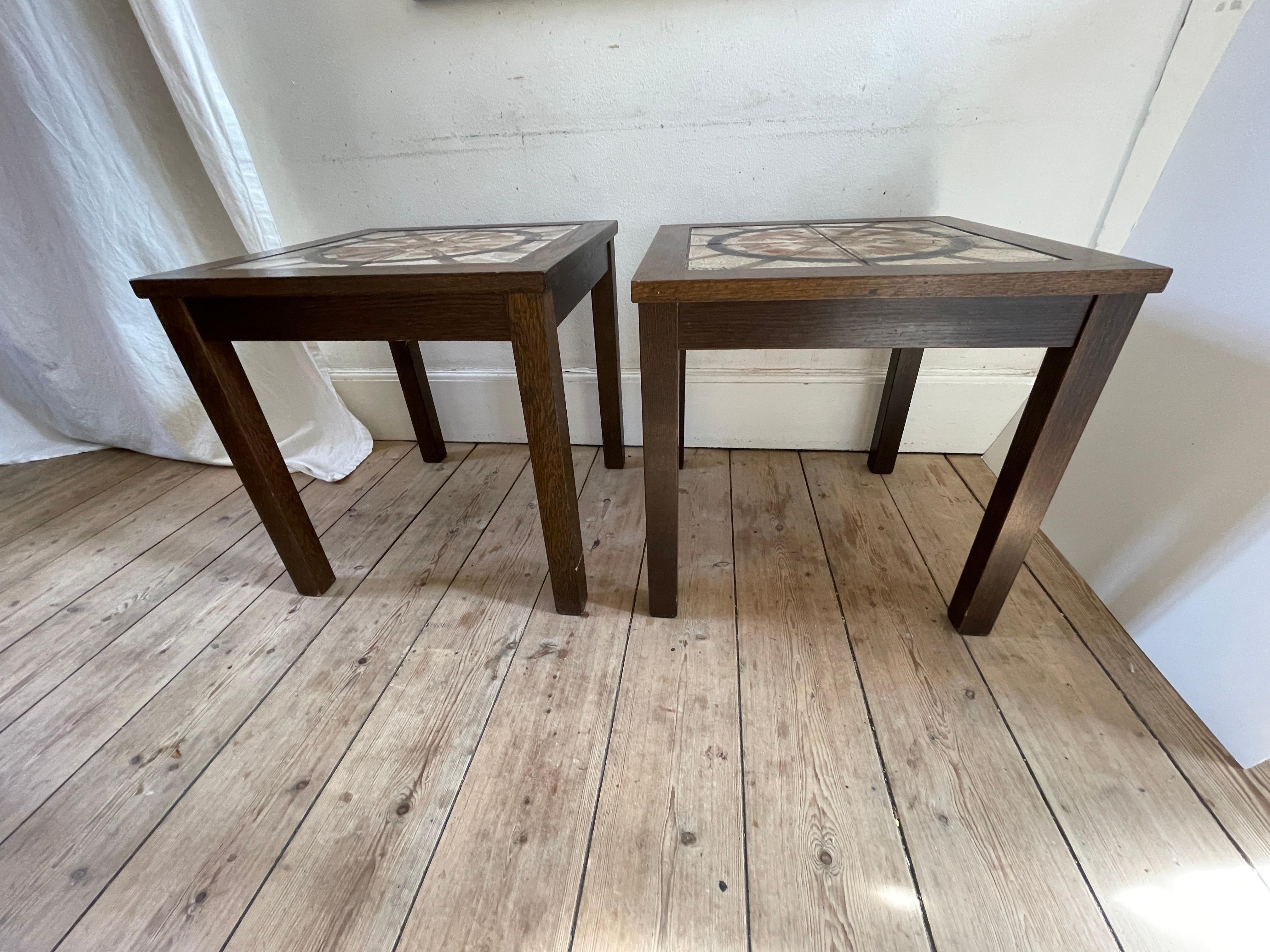 Danish Oak Side Tables With Hand Painted Tile Tops In the Manner of Picasso For Sale 2