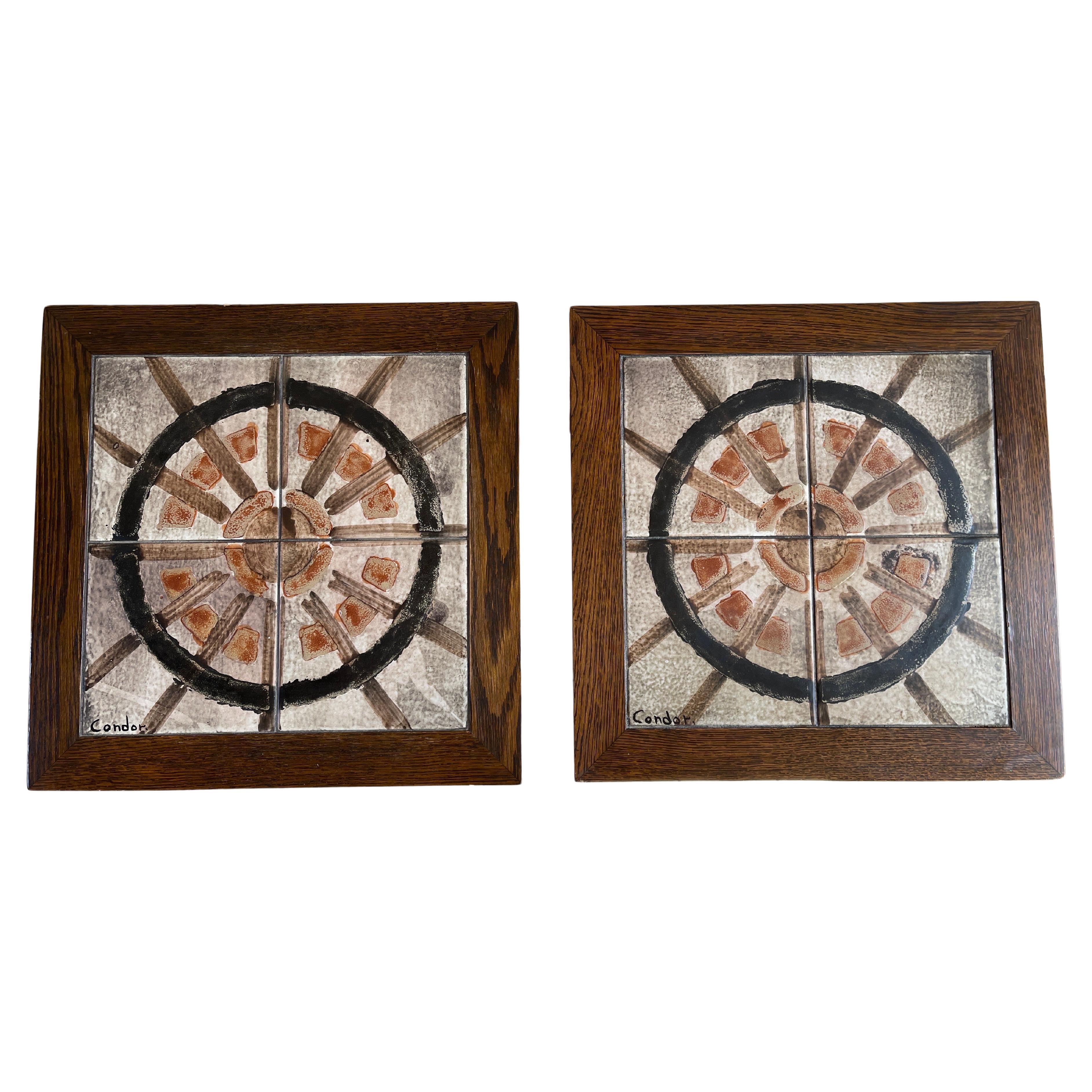 Danish Oak Side Tables With Hand Painted Tile Tops In the Manner of Picasso For Sale