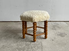 Danish Modern Oak Stool, Bobbin Legs with Bouclé Seat, 1950s