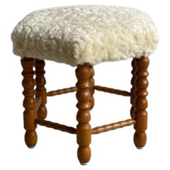 Danish Modern Oak Stool, Bobbin Legs with Bouclé Seat, 1950s