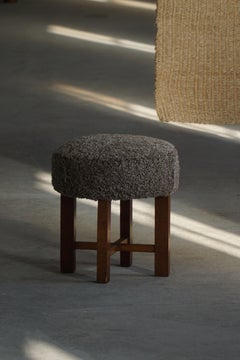 Danish Modern, Oak Stool Reupholstered in Shearling Lambswool, 1960s