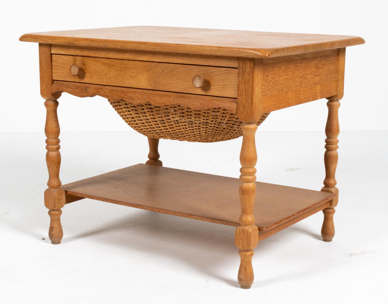 Scandinavian Modern Danish Modern Oak & Wicker Sewing Table in the Manner of Henning Kjærnulf For Sale