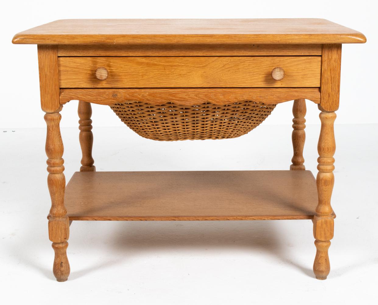 20th Century Danish Modern Oak & Wicker Sewing Table in the Manner of Henning Kjærnulf For Sale