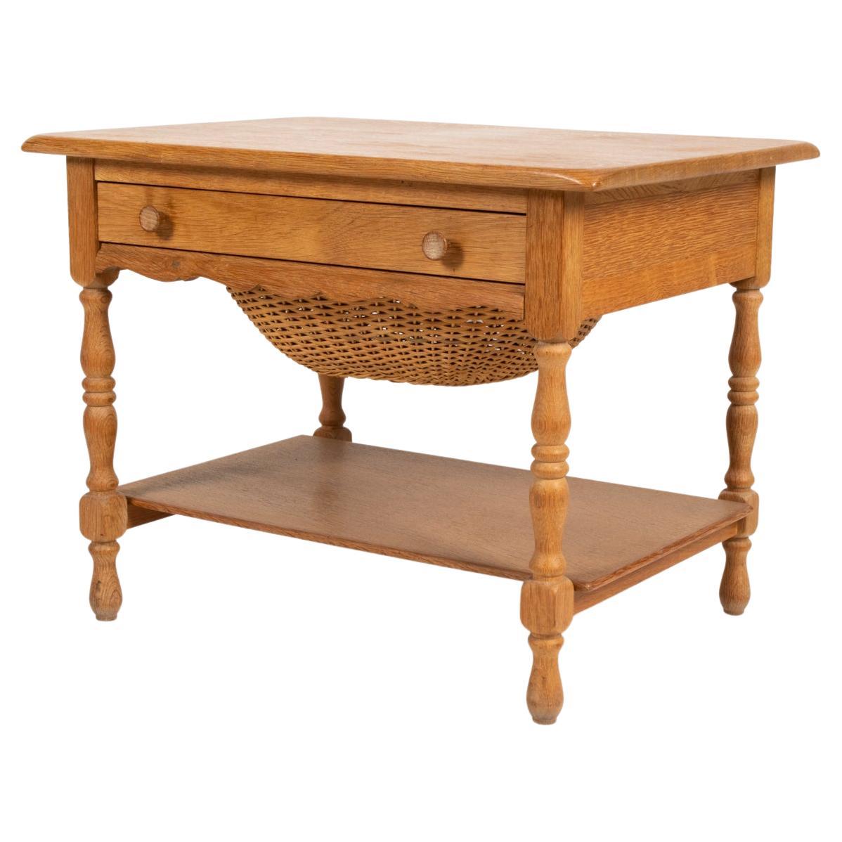 Danish Modern Oak & Wicker Sewing Table in the Manner of Henning Kjærnulf For Sale
