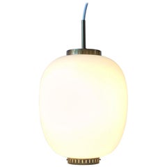 Danish Modern Opaline Glass & Brass Pendant Lamp by Bent Karlby for Lyfa, 1960s