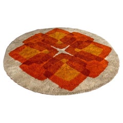 Tapis rond danois moderne orange et rouge Rya par Højer Eksport Wilton, années 1970