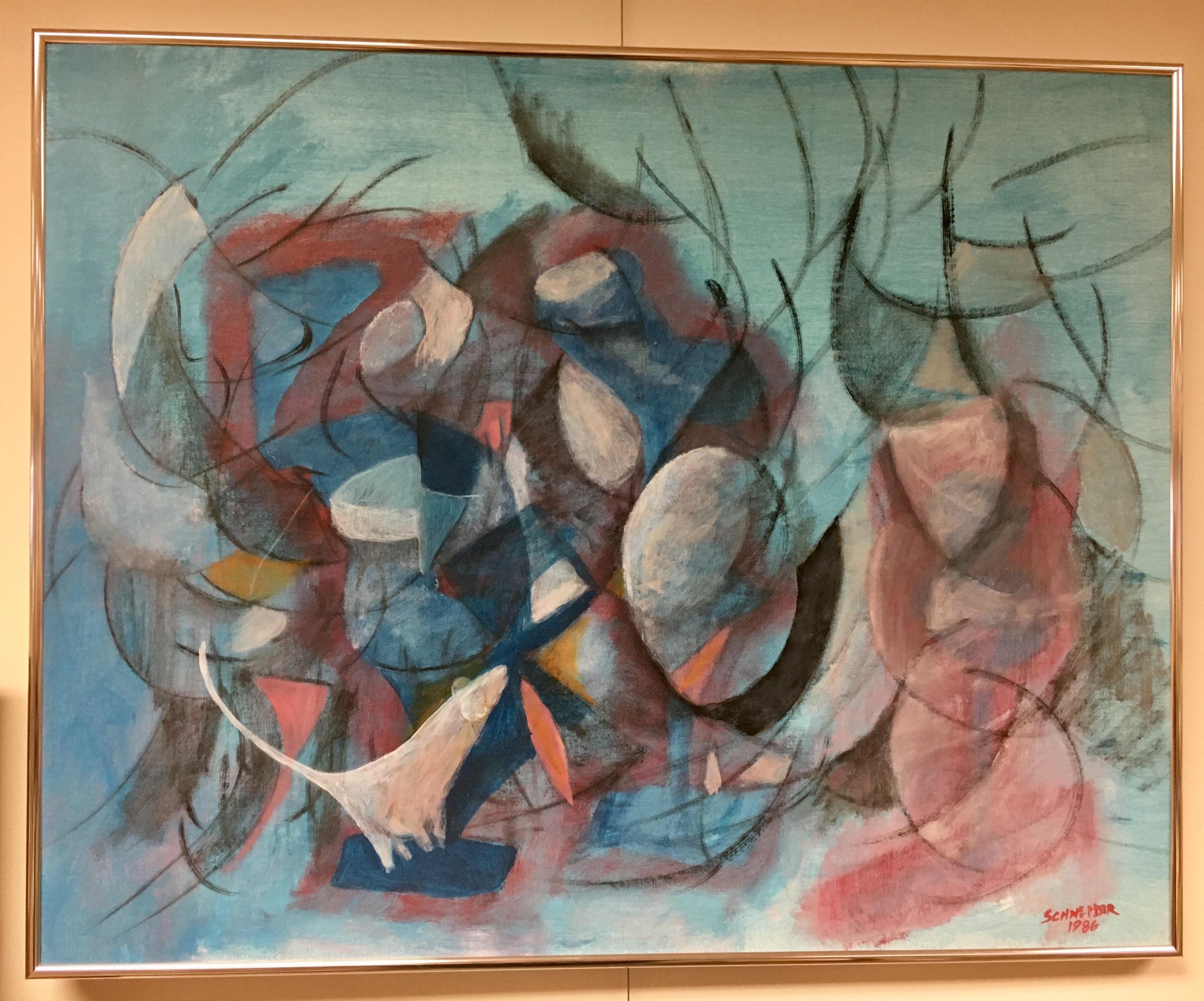 Stunning abstract with oil on board medium from the artist Schneider, dated 1986. Nothing short of magnificent. Chrome contemporary frame is understated but a perfect compliment.