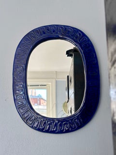 Danish Modern Oval Ceramic Wall Mirror, Cobalt Blue Glaze, 1960s