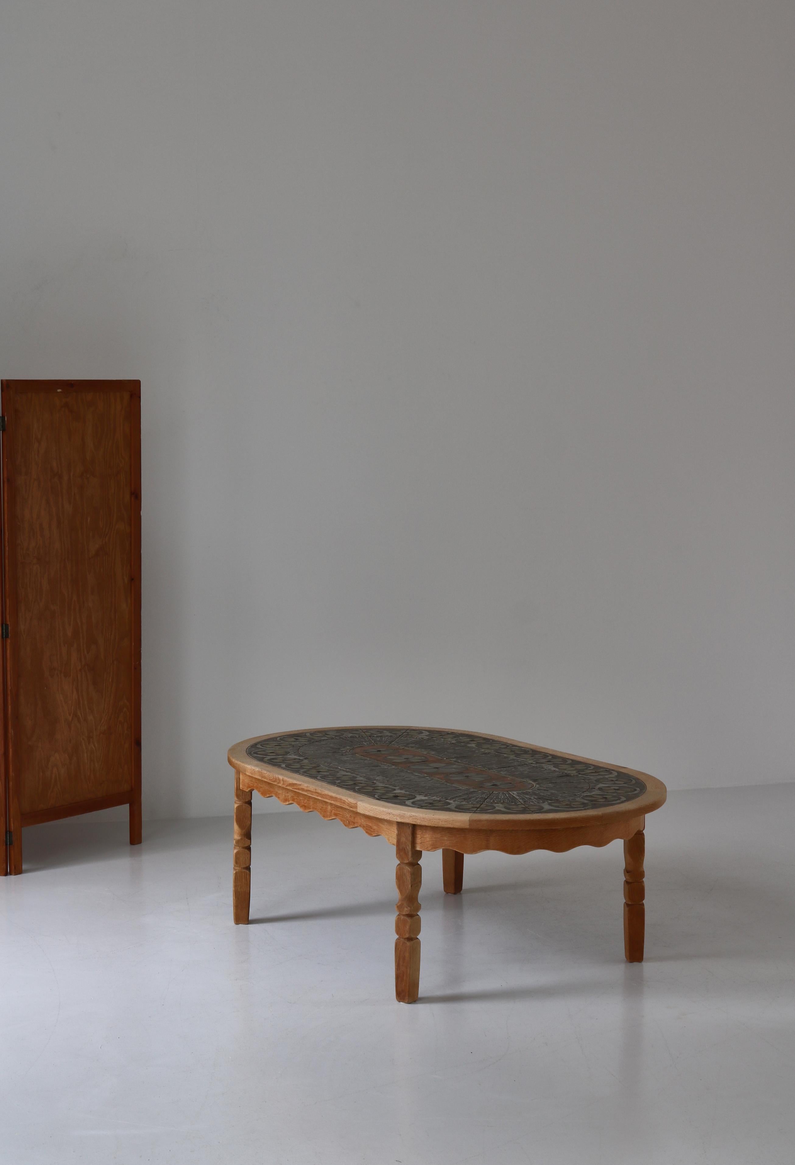 Mid-20th Century Danish Modern Oval Coffee Table in Oak & Ceramic Tiles by Henry Kjærnulf, 1960s For Sale